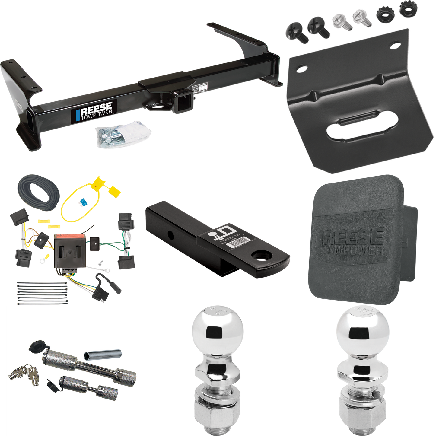 Fits 2009-2012 Ford E-350 Econoline Super Duty Trailer Hitch Tow PKG w/ 4-Flat Wiring Harness + Ball Mount w/ 2" Drop + Dual Hitch & Coupler Locks + 2" Ball + 2-5/16" Ball + Hitch Cover + Wiring Bracket (For (Prepped Class II Tow Package) Models) By