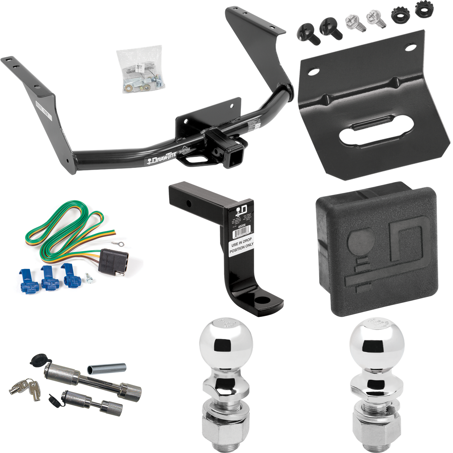 Fits 2011-2018 RAM 1500 Trailer Hitch Tow PKG w/ 4-Flat Wiring Harness + Ball Mount w/ 8" Drop + Dual Hitch & Coupler Locks + 2" Ball + 2-5/16" Ball + Hitch Cover + Wiring Bracket By Draw-Tite