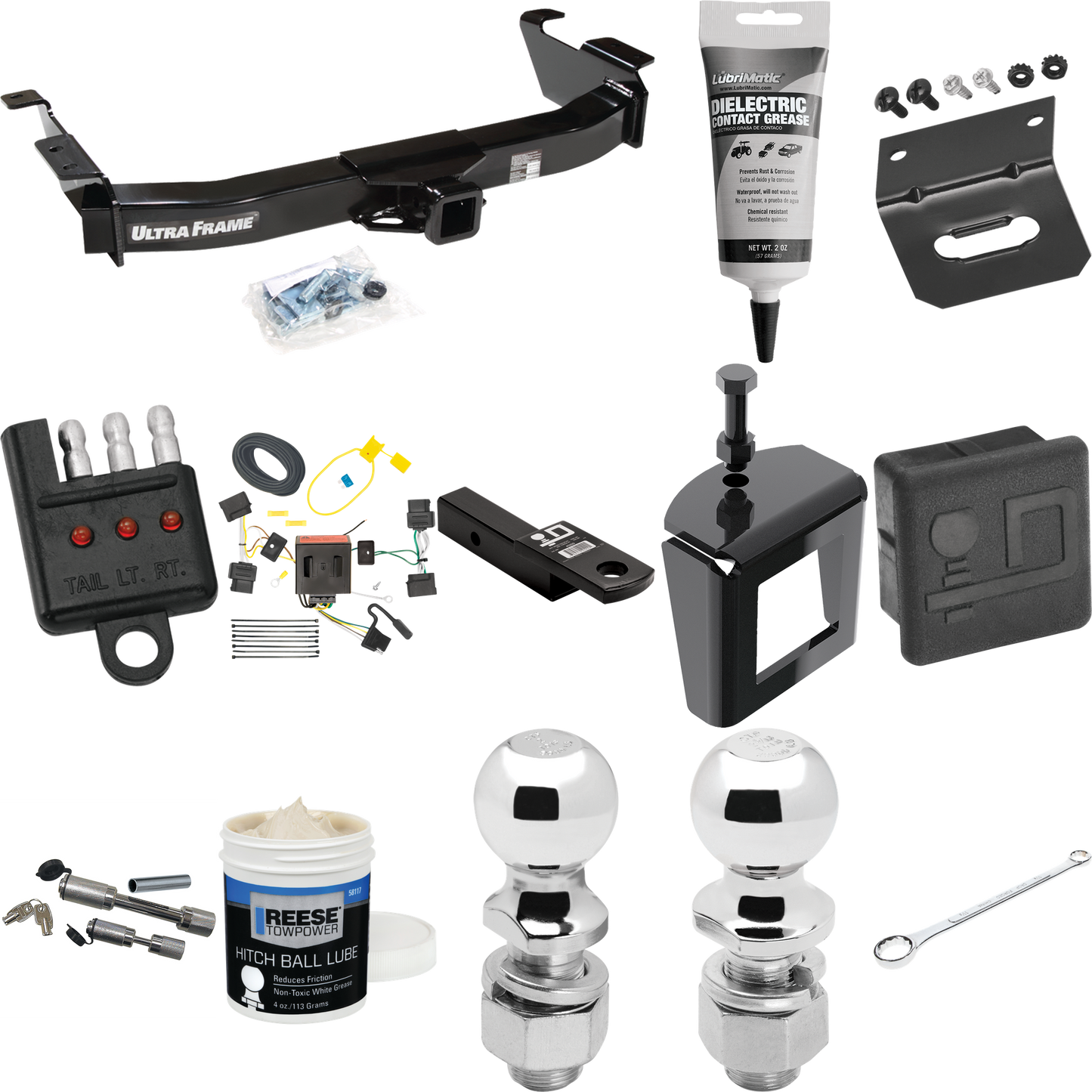 Fits 2009-2012 Ford E-150 Econoline Trailer Hitch Tow PKG w/ 4-Flat Wiring Harness + Ball Mount w/ 2" Drop + Dual Hitch & Coupler Locks + 2" Ball + 2-5/16" Ball + Hitch Cover + Wiring Bracket + Wiring Tester + Ball Lube + Electric Grease + Ball Wrenc