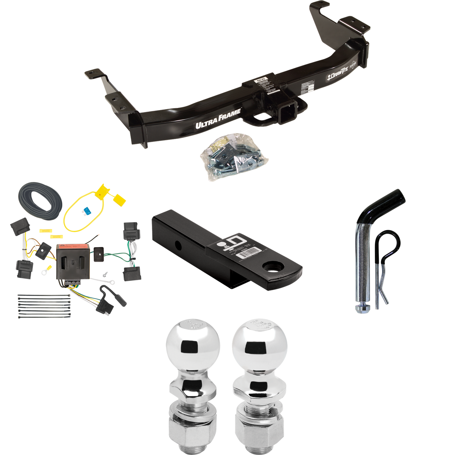 Fits 2008-2014 Ford E-350 Econoline Super Duty Trailer Hitch Tow PKG w/ 4-Flat Wiring Harness + Ball Mount w/ 2" Drop + Pin/Clip + 2" Ball + 2-5/16" Ball By Draw-Tite