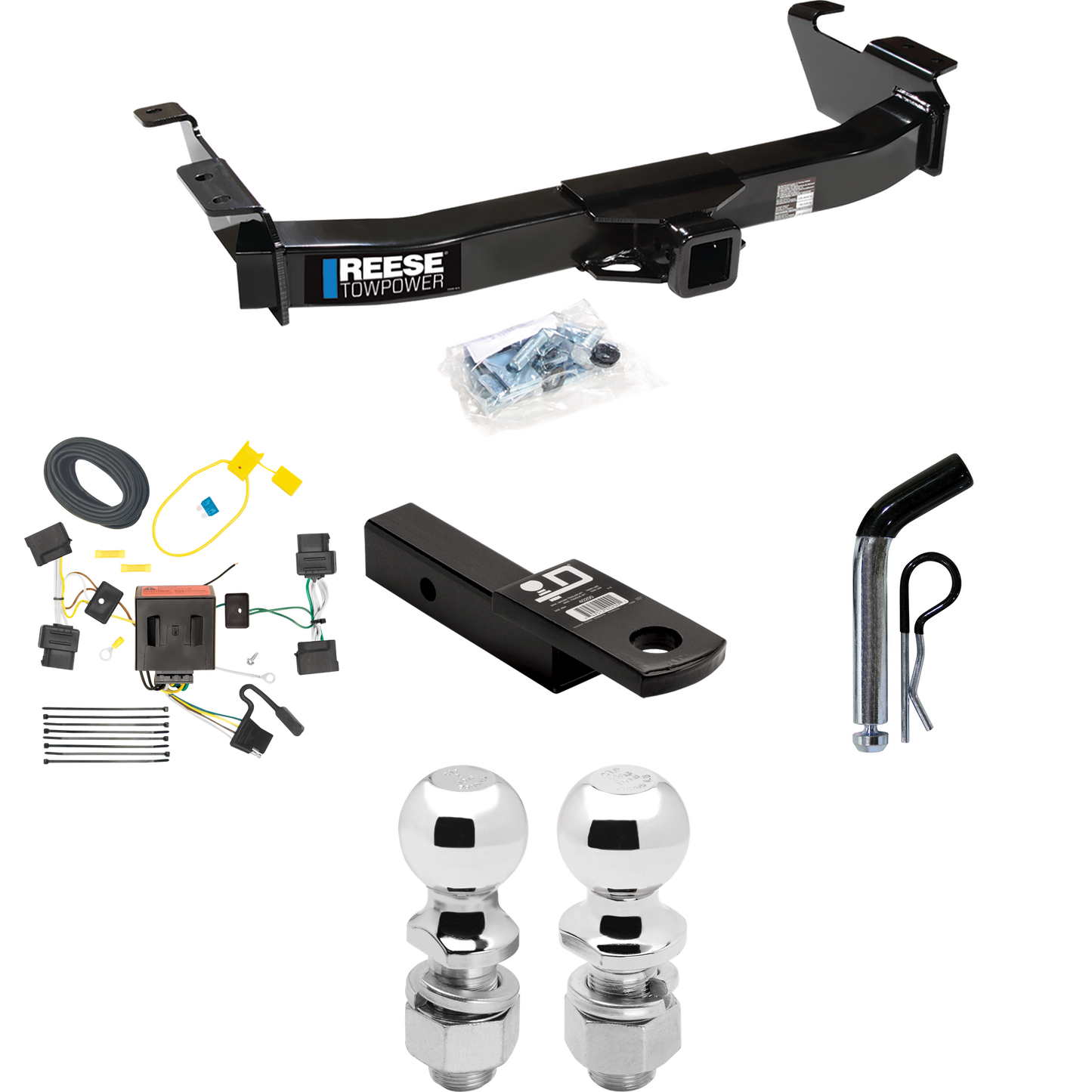 Fits 2008-2014 Ford E-150 Econoline Trailer Hitch Tow PKG w/ 4-Flat Wiring Harness + Ball Mount w/ 2" Drop + Pin/Clip + 2" Ball + 2-5/16" Ball By Reese Towpower