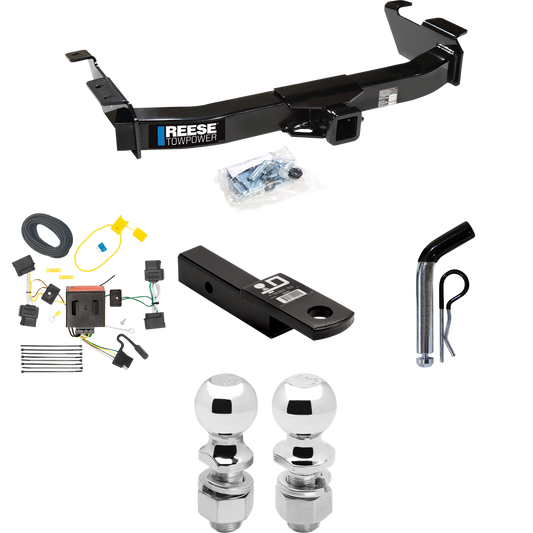 Fits 2008-2014 Ford E-150 Econoline Trailer Hitch Tow PKG w/ 4-Flat Wiring Harness + Ball Mount w/ 2" Drop + Pin/Clip + 2" Ball + 2-5/16" Ball By Reese Towpower