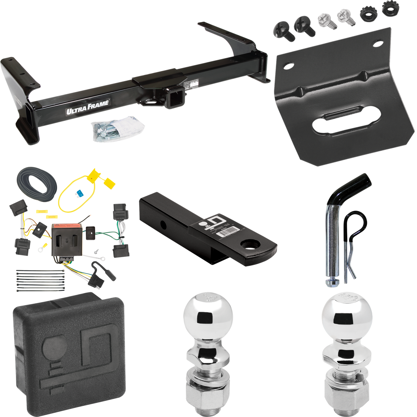 Fits 2008-2014 Ford E-350 Econoline Super Duty Trailer Hitch Tow PKG w/ 4-Flat Wiring Harness + Ball Mount w/ 2" Drop + Pin/Clip + 2" Ball + 2-5/16" Ball + Hitch Cover + Wiring Bracket By Draw-Tite