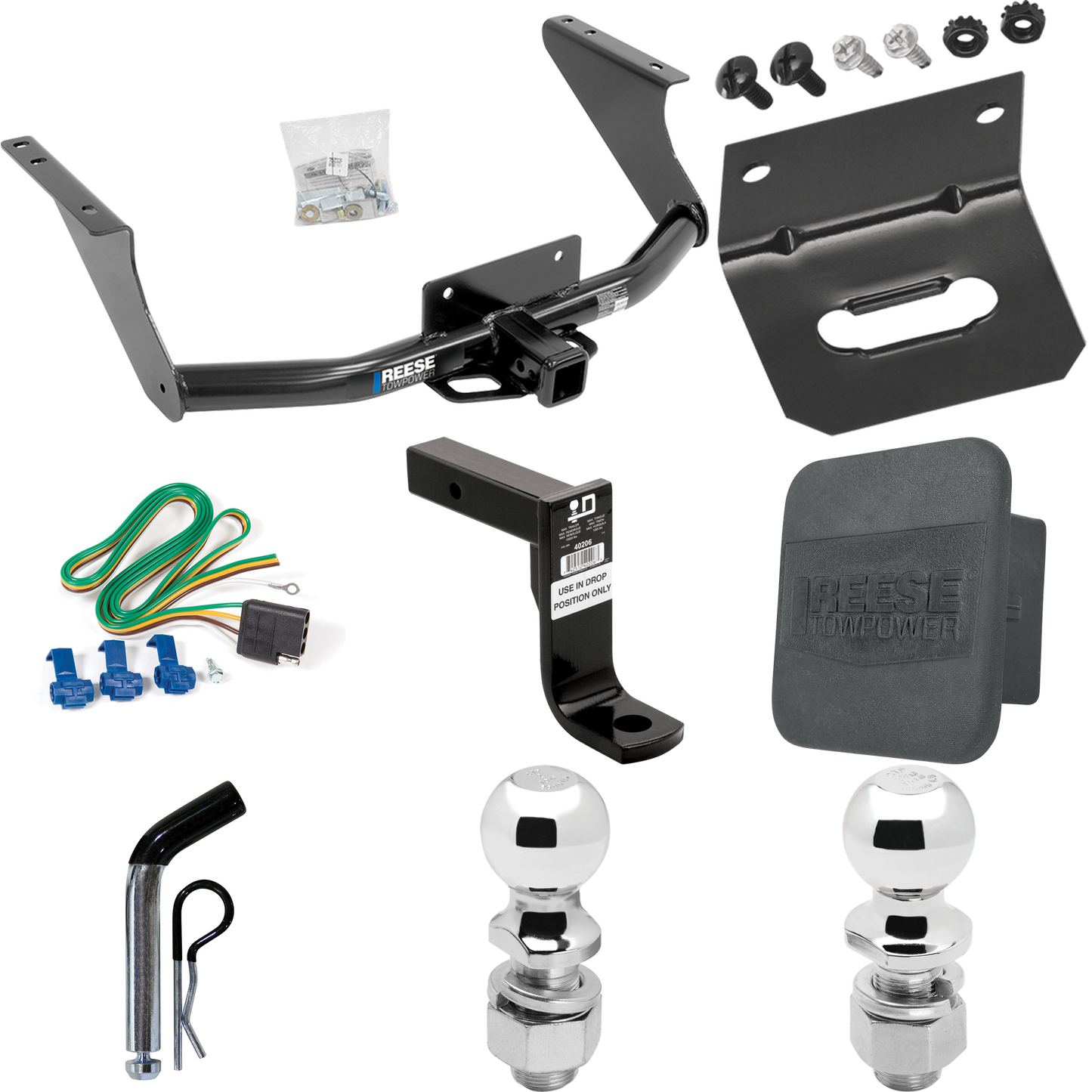 Fits 2011-2018 RAM 1500 Trailer Hitch Tow PKG w/ 4-Flat Wiring Harness + Ball Mount w/ 8" Drop + Pin/Clip + 2" Ball + 2-5/16" Ball + Hitch Cover + Wiring Bracket By Reese Towpower