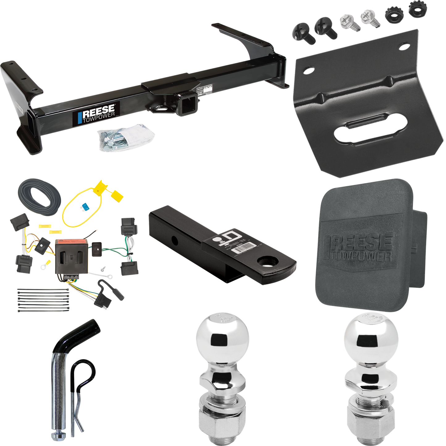 Se adapta al paquete de enganche para remolque Ford E-250 Econoline 2008-2014 con arnés de cableado de 4 planos + soporte de bola con caída de 2" + pasador/clip + bola de 2" + bola de 2-5/16" + cubierta de enganche + soporte de cableado Por Reese Towpower