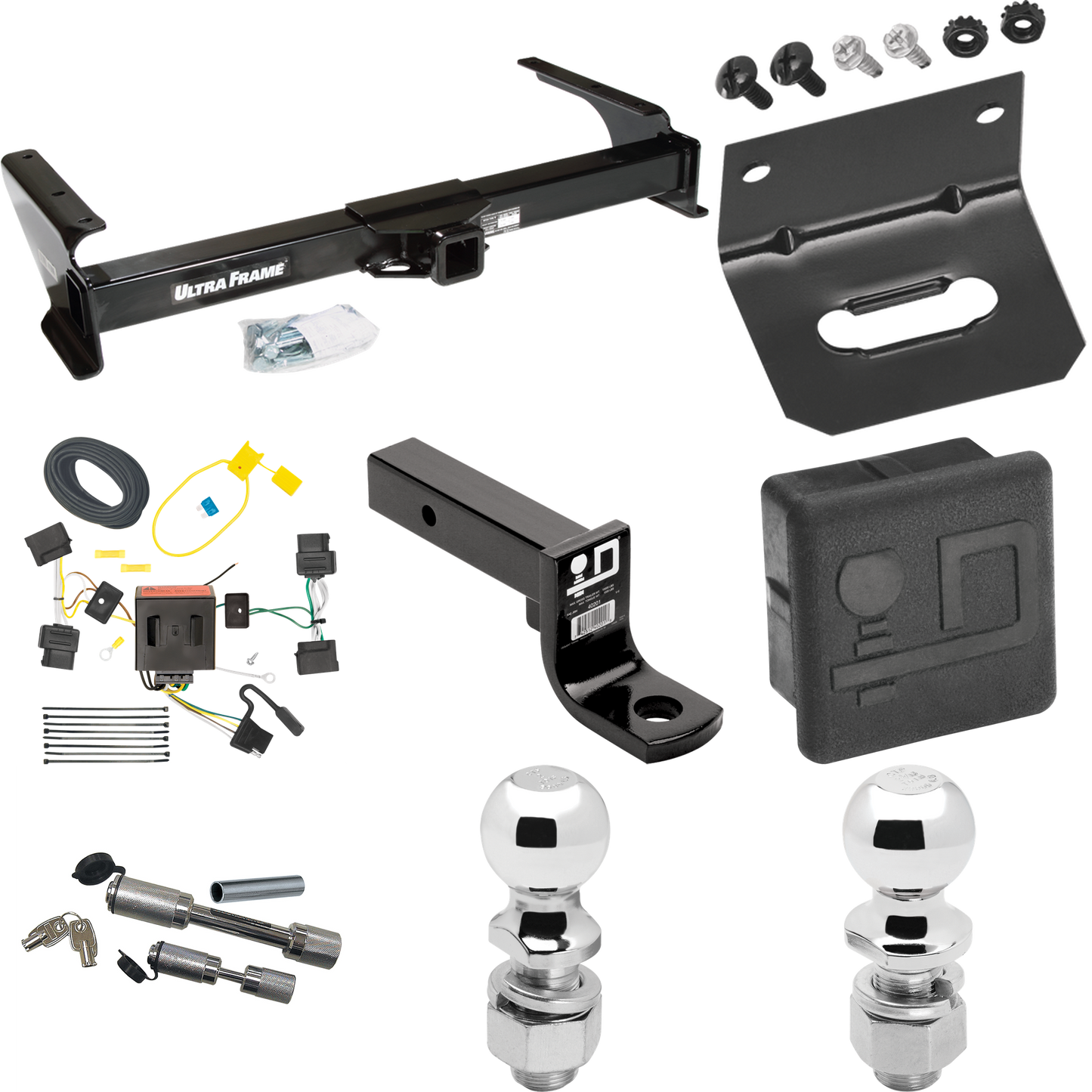 Fits 2009-2012 Ford E-350 Econoline Super Duty Trailer Hitch Tow PKG w/ 4-Flat Wiring Harness + Ball Mount w/ 4" Drop + Dual Hitch & Coupler Locks + 2" Ball + 2-5/16" Ball + Hitch Cover + Wiring Bracket (For (Prepped Class II Tow Package) Models) By