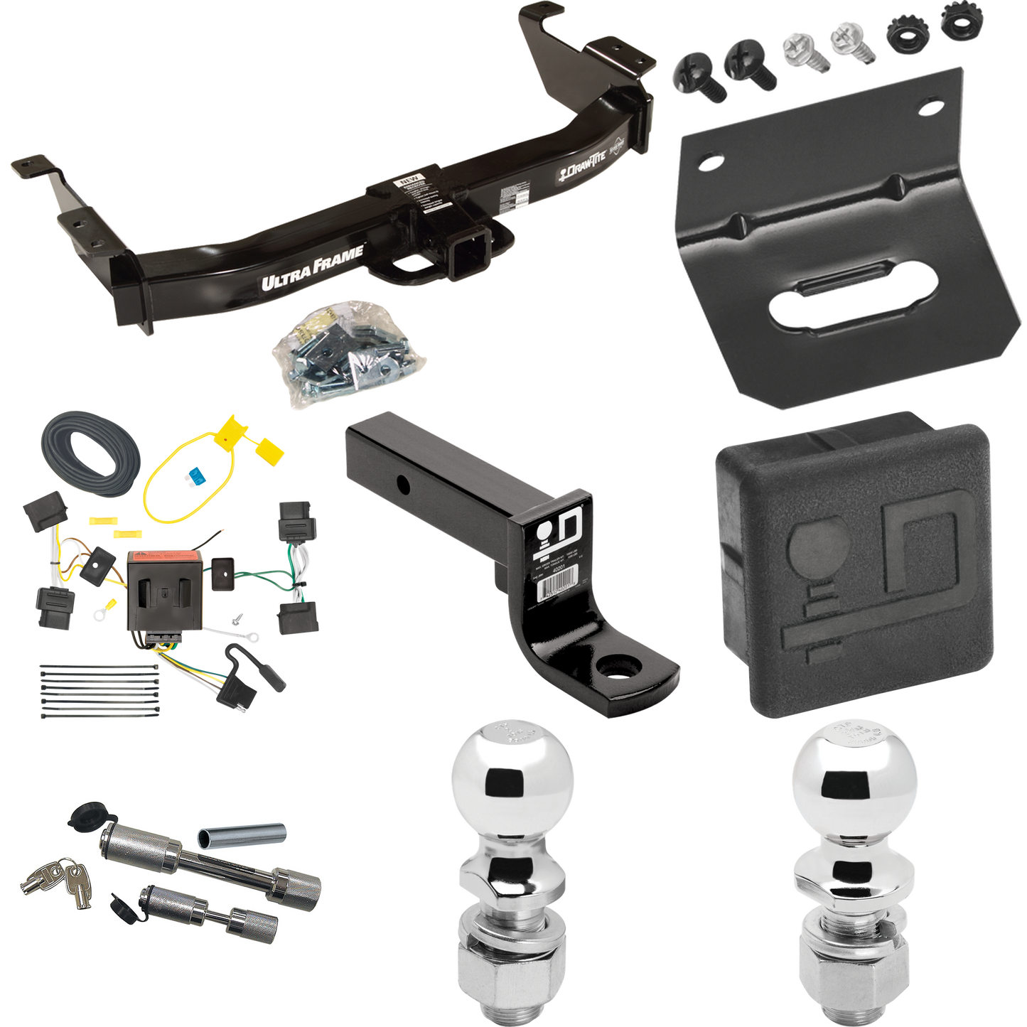 Fits 2008-2014 Ford E-350 Econoline Super Duty Trailer Hitch Tow PKG w/ 4-Flat Wiring Harness + Ball Mount w/ 4" Drop + Dual Hitch & Coupler Locks + 2" Ball + 2-5/16" Ball + Hitch Cover + Wiring Bracket By Draw-Tite