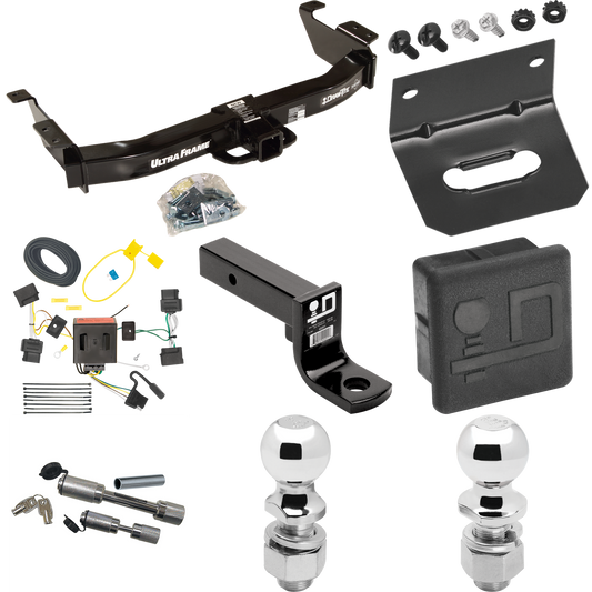 Fits 2008-2014 Ford E-350 Econoline Super Duty Trailer Hitch Tow PKG w/ 4-Flat Wiring Harness + Ball Mount w/ 4" Drop + Dual Hitch & Coupler Locks + 2" Ball + 2-5/16" Ball + Hitch Cover + Wiring Bracket By Draw-Tite