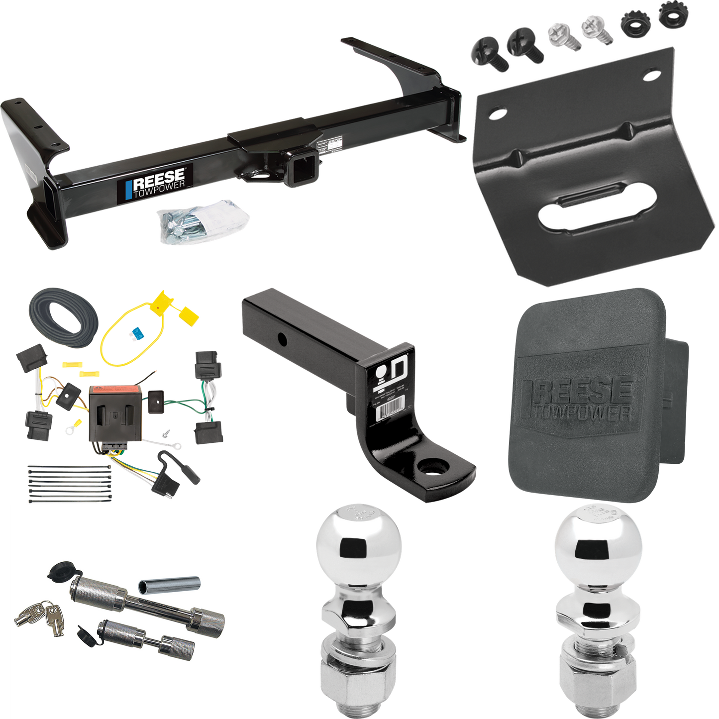 Fits 2008-2014 Ford E-250 Econoline Trailer Hitch Tow PKG w/ 4-Flat Wiring Harness + Ball Mount w/ 4" Drop + Dual Hitch & Coupler Locks + 2" Ball + 2-5/16" Ball + Hitch Cover + Wiring Bracket By Reese Towpower