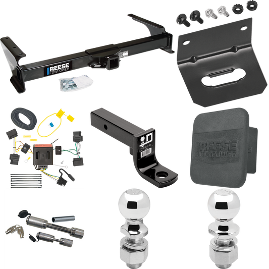 Fits 2008-2014 Ford E-250 Econoline Trailer Hitch Tow PKG w/ 4-Flat Wiring Harness + Ball Mount w/ 4" Drop + Dual Hitch & Coupler Locks + 2" Ball + 2-5/16" Ball + Hitch Cover + Wiring Bracket By Reese Towpower