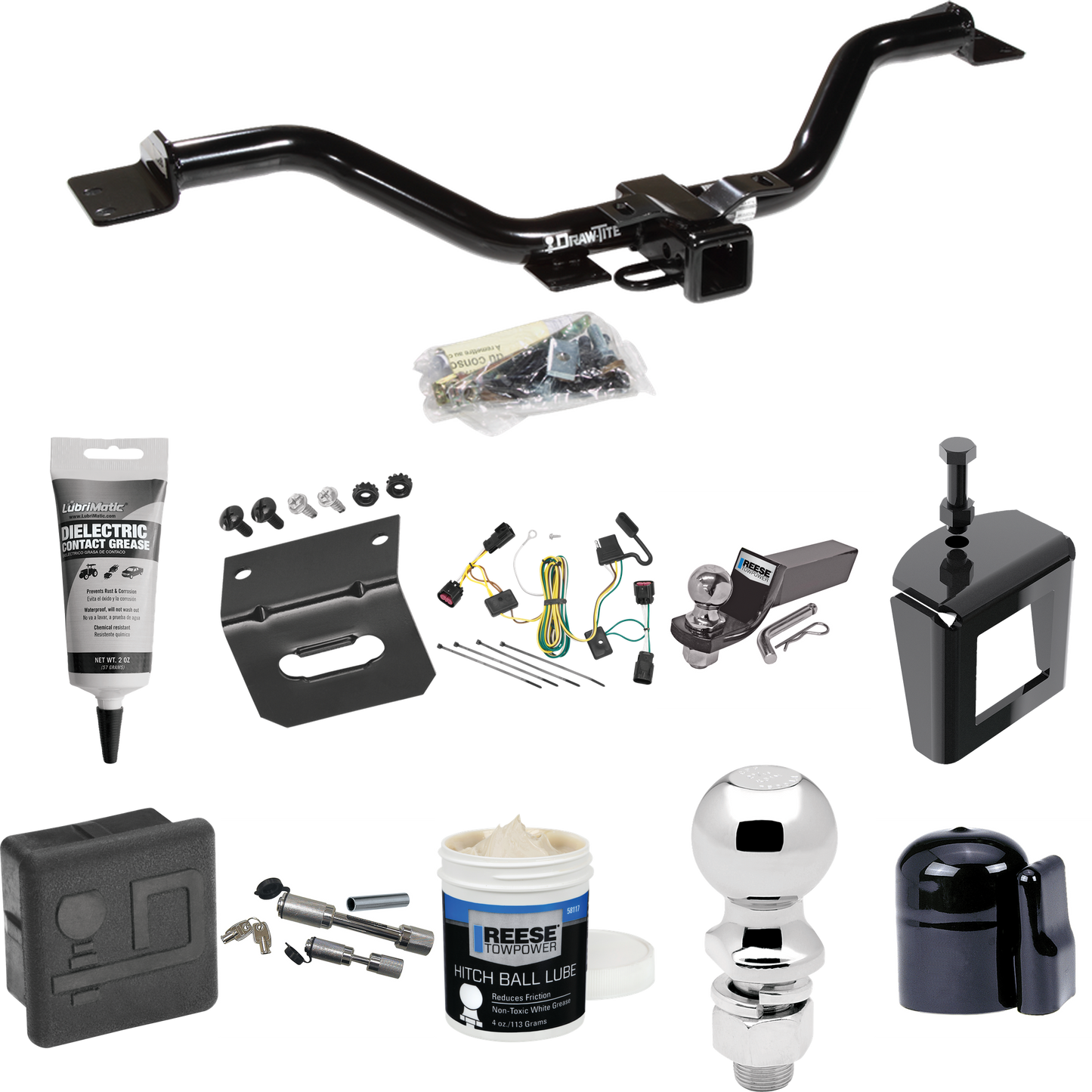 Fits 2009-2012 Chevrolet Traverse Trailer Hitch Tow PKG w/ 4-Flat Wiring + Starter Kit Ball Mount w/ 2" Drop & 2" Ball + 2-5/16" Ball + Wiring Bracket + Dual Hitch & Coupler Locks + Hitch Cover + Wiring Tester + Ball Lube +Electric Grease + Ball Wren