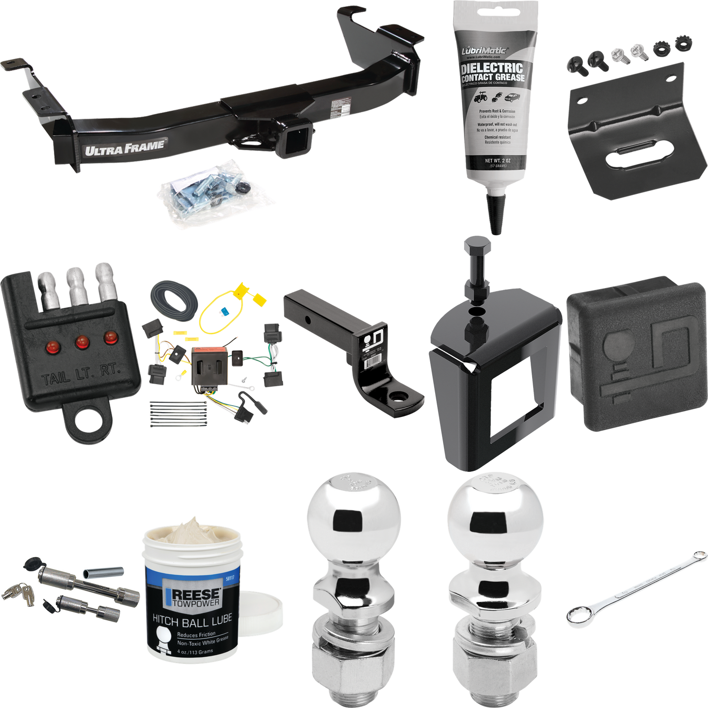 Fits 2008-2014 Ford E-250 Econoline Trailer Hitch Tow PKG w/ 4-Flat Wiring Harness + Ball Mount w/ 4" Drop + Dual Hitch & Coupler Locks + 2" Ball + 2-5/16" Ball + Hitch Cover + Wiring Bracket + Wiring Tester + Ball Lube + Electric Grease + Ball Wrenc