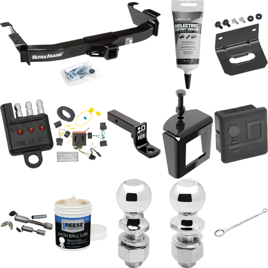 Fits 2008-2014 Ford E-250 Econoline Trailer Hitch Tow PKG w/ 4-Flat Wiring Harness + Ball Mount w/ 4" Drop + Dual Hitch & Coupler Locks + 2" Ball + 2-5/16" Ball + Hitch Cover + Wiring Bracket + Wiring Tester + Ball Lube + Electric Grease + Ball Wrenc