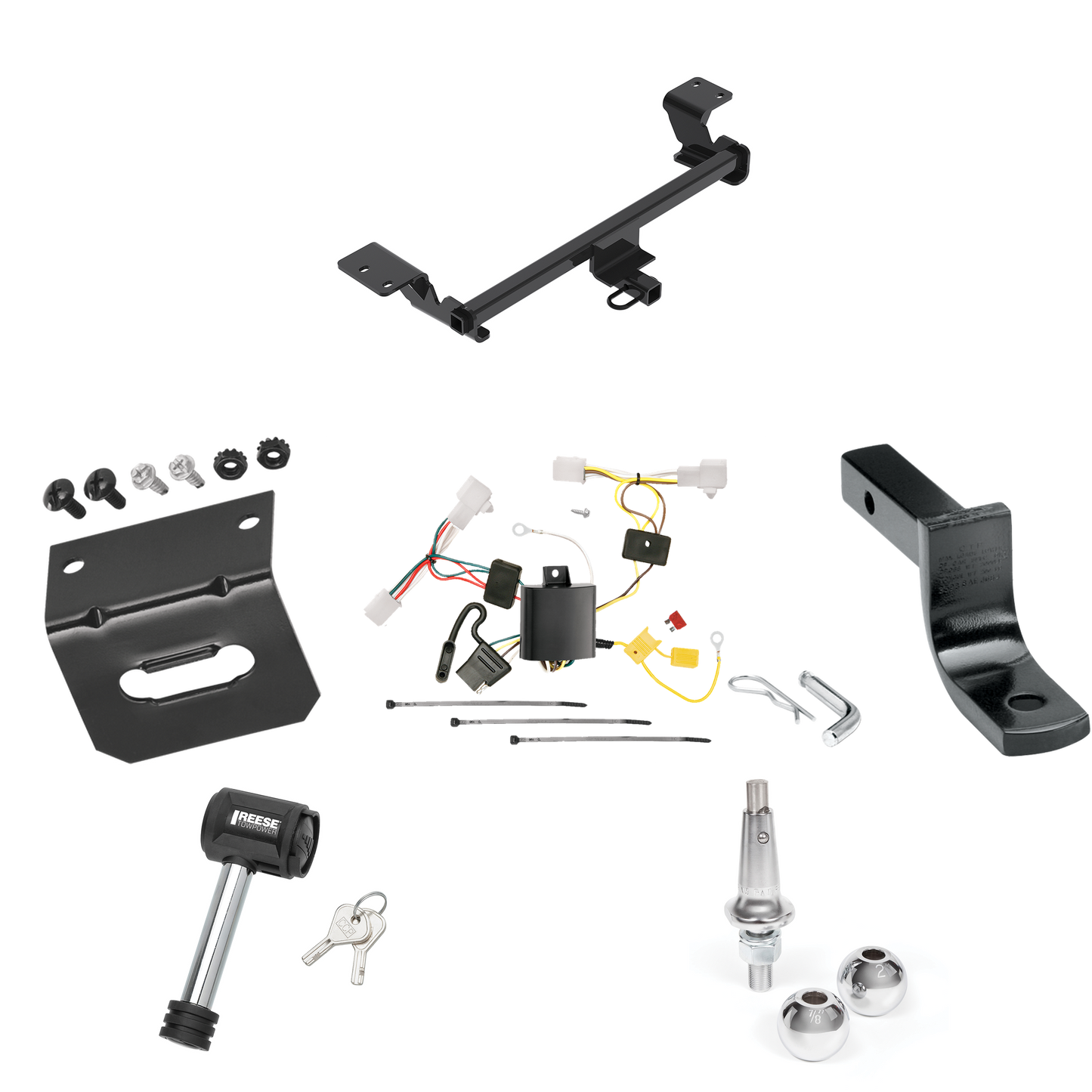 Fits 2010-2015 Toyota Prius Trailer Hitch Tow PKG w/ 4-Flat Wiring Harness + Draw-Bar + Interchangeable 1-7/8" & 2" Balls + Wiring Bracket + Hitch Lock (Excludes: w/Plug-In Model Models) By Reese Towpower