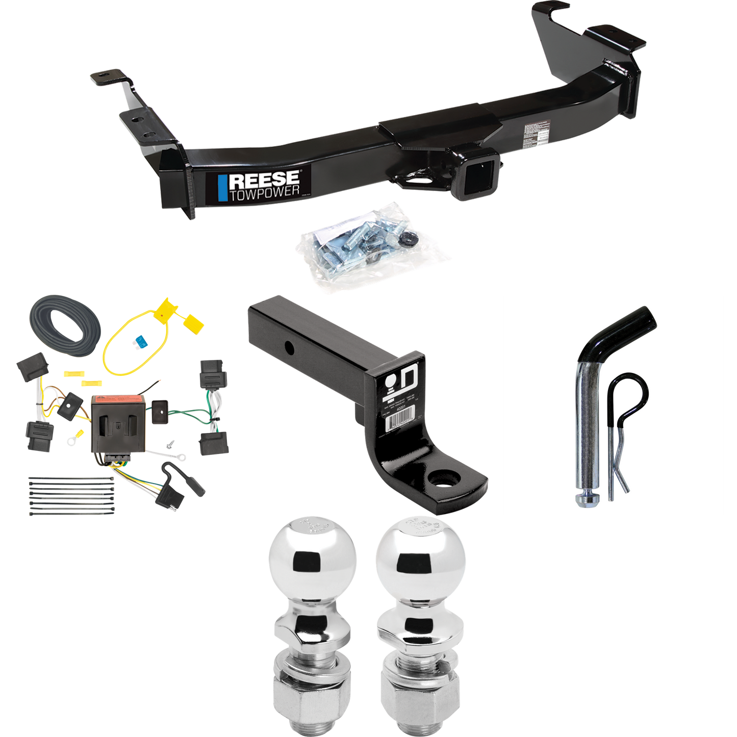 Fits 2009-2012 Ford E-350 Econoline Super Duty Trailer Hitch Tow PKG w/ 4-Flat Wiring Harness + Ball Mount w/ 4" Drop + Pin/Clip + 2" Ball + 2-5/16" Ball (For (Prepped Class II Tow Package) Models) By Reese Towpower