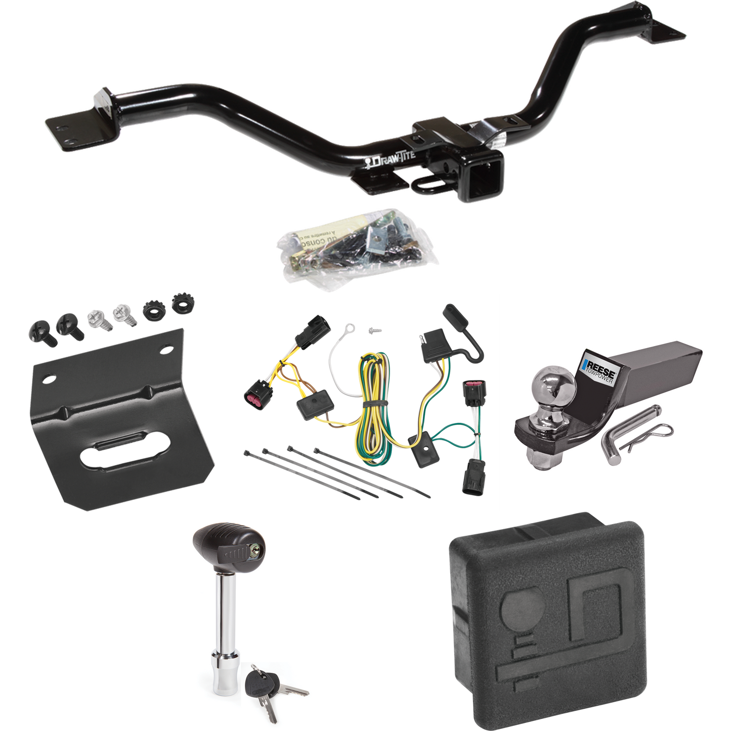 Fits 2008-2012 Buick Enclave Trailer Hitch Tow PKG w/ 4-Flat Wiring + Starter Kit Ball Mount w/ 2" Drop & 2" Ball + Wiring Bracket + Hitch Lock + Hitch Cover By Draw-Tite