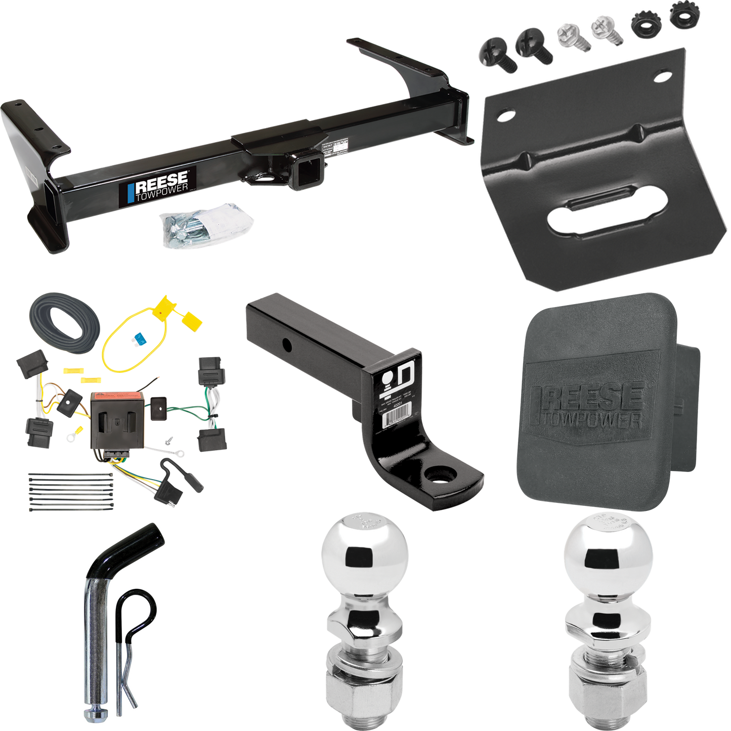 Fits 2009-2012 Ford E-350 Econoline Super Duty Trailer Hitch Tow PKG w/ 4-Flat Wiring Harness + Ball Mount w/ 4" Drop + Pin/Clip + 2" Ball + 2-5/16" Ball + Hitch Cover + Wiring Bracket (For (Prepped Class II Tow Package) Models) By Reese Towpower