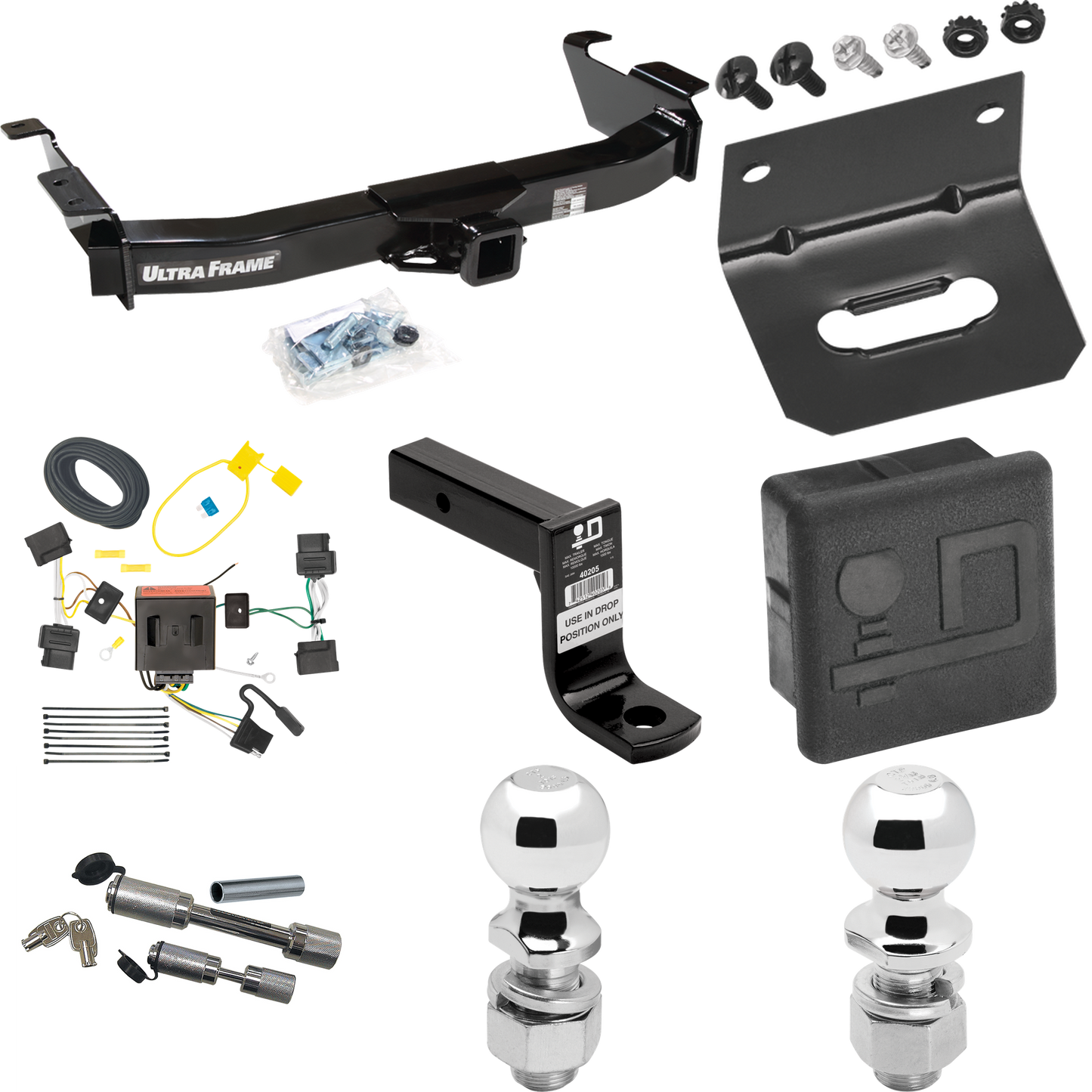 Fits 2008-2014 Ford E-350 Econoline Super Duty Trailer Hitch Tow PKG w/ 4-Flat Wiring Harness + Ball Mount w/ 6" Drop + Dual Hitch & Coupler Locks + 2" Ball + 2-5/16" Ball + Hitch Cover + Wiring Bracket By Draw-Tite