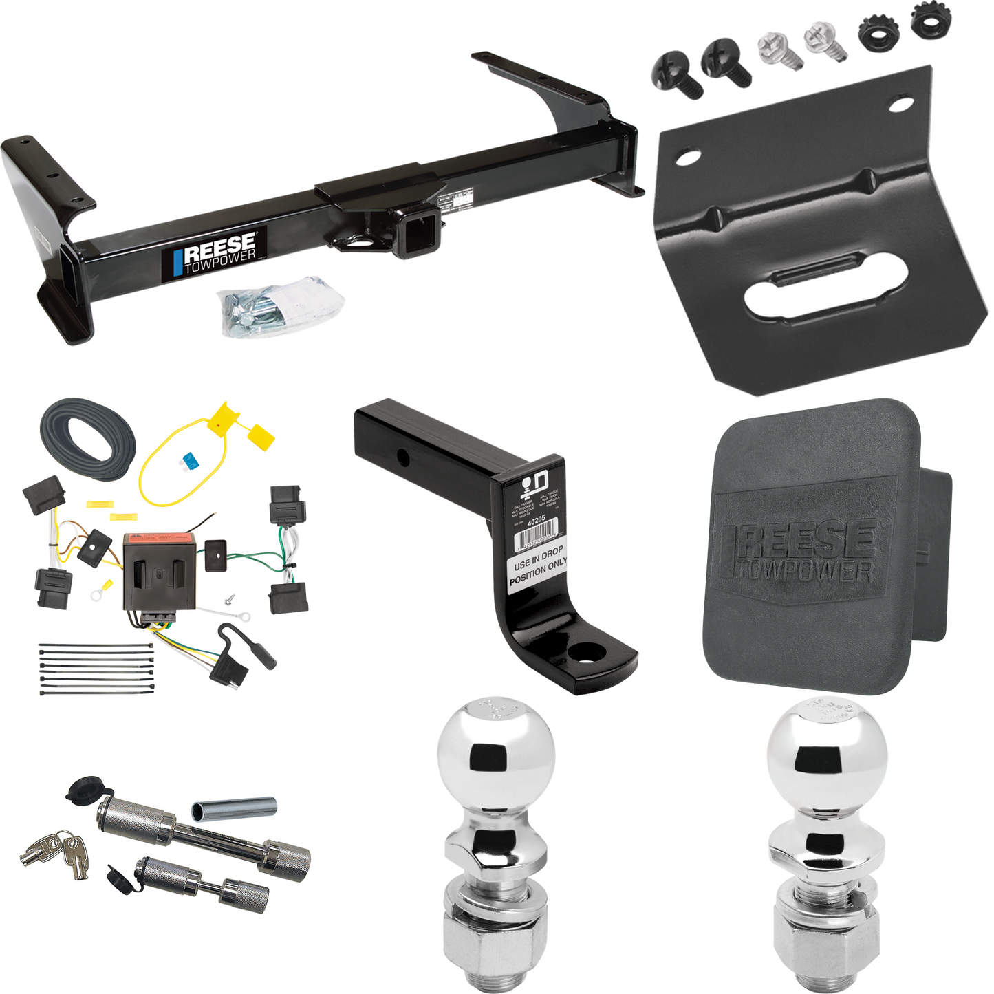 Fits 2009-2012 Ford E-150 Econoline Trailer Hitch Tow PKG w/ 4-Flat Wiring Harness + Ball Mount w/ 6" Drop + Dual Hitch & Coupler Locks + 2" Ball + 2-5/16" Ball + Hitch Cover + Wiring Bracket (For (Prepped Class II Tow Package) Models) By Reese Towpo