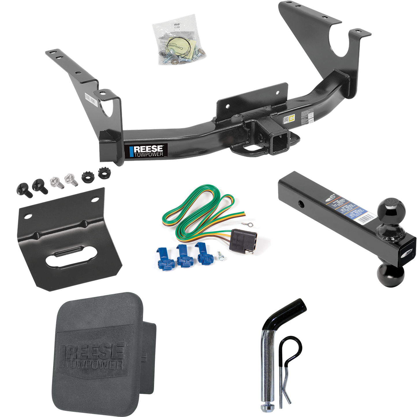 Fits 2011-2018 RAM 1500 Trailer Hitch Tow PKG w/ 4-Flat Wiring Harness + Dual Ball Ball Mount 2" & 2-5/16" Trailer Balls + Pin/Clip + Hitch Cover + Wiring Bracket By Reese Towpower