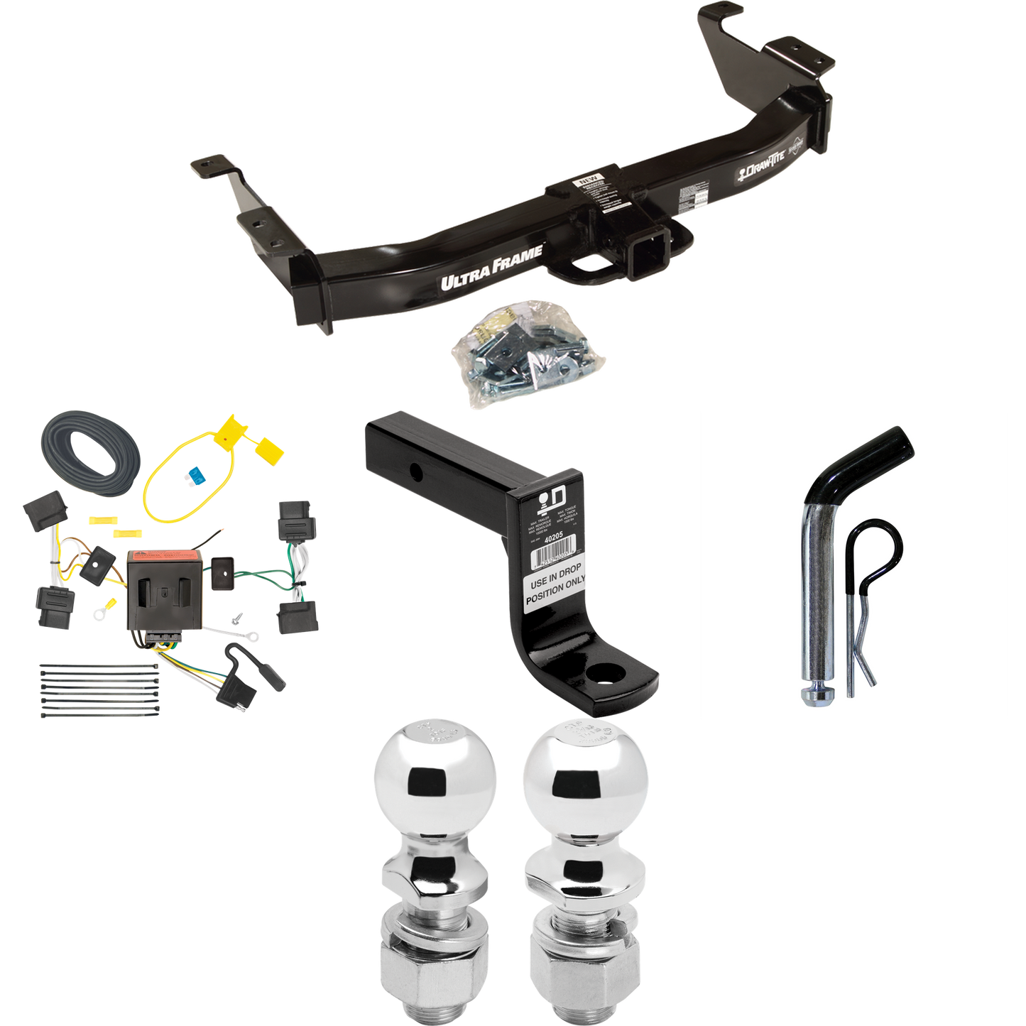 Fits 2008-2014 Ford E-350 Econoline Super Duty Trailer Hitch Tow PKG w/ 4-Flat Wiring Harness + Ball Mount w/ 6" Drop + Pin/Clip + 2" Ball + 2-5/16" Ball By Draw-Tite