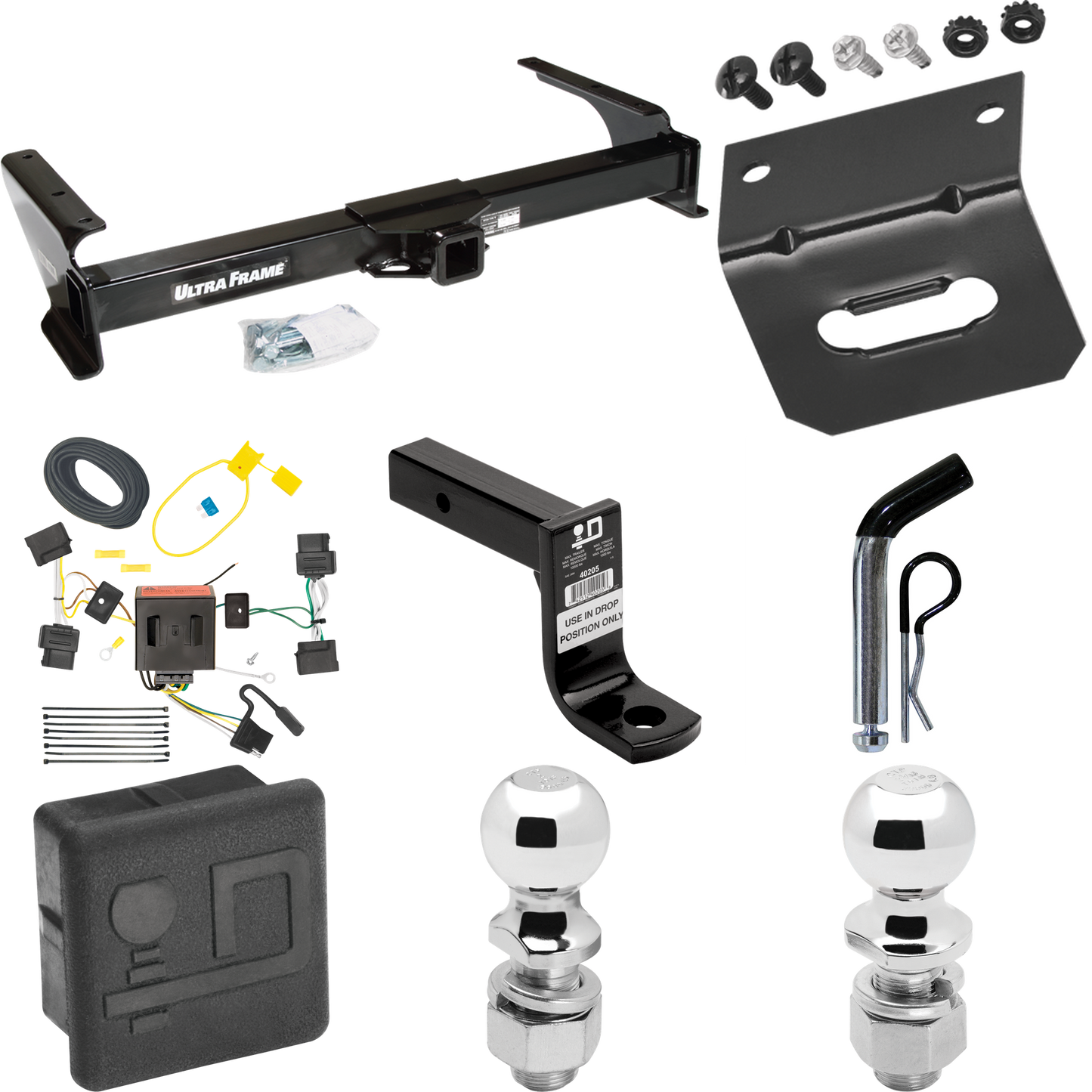 Fits 2009-2012 Ford E-250 Econoline Trailer Hitch Tow PKG w/ 4-Flat Wiring Harness + Ball Mount w/ 6" Drop + Pin/Clip + 2" Ball + 2-5/16" Ball + Hitch Cover + Wiring Bracket (For (Prepped Class II Tow Package) Models) By Draw-Tite