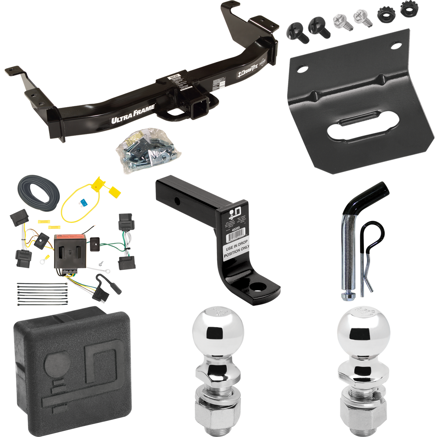 Fits 2008-2014 Ford E-250 Econoline Trailer Hitch Tow PKG w/ 4-Flat Wiring Harness + Ball Mount w/ 6" Drop + Pin/Clip + 2" Ball + 2-5/16" Ball + Hitch Cover + Wiring Bracket By Draw-Tite