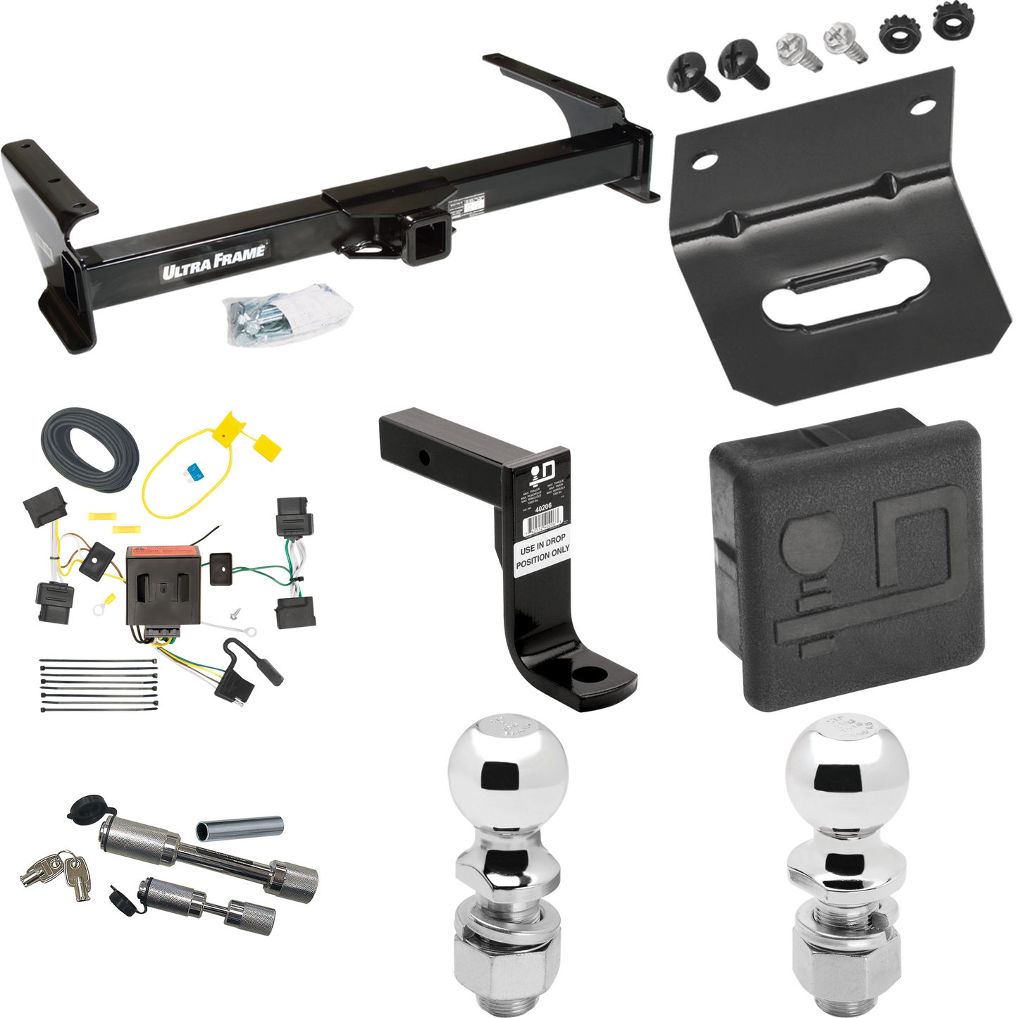 Fits 2009-2012 Ford E-150 Econoline Trailer Hitch Tow PKG w/ 4-Flat Wiring Harness + Ball Mount w/ 8" Drop + Dual Hitch & Coupler Locks + 2" Ball + 2-5/16" Ball + Hitch Cover + Wiring Bracket (For (Prepped Class II Tow Package) Models) By Draw-Tite