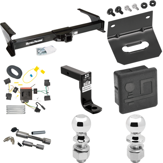 Fits 2009-2012 Ford E-150 Econoline Trailer Hitch Tow PKG w/ 4-Flat Wiring Harness + Ball Mount w/ 8" Drop + Dual Hitch & Coupler Locks + 2" Ball + 2-5/16" Ball + Hitch Cover + Wiring Bracket (For (Prepped Class II Tow Package) Models) By Draw-Tite