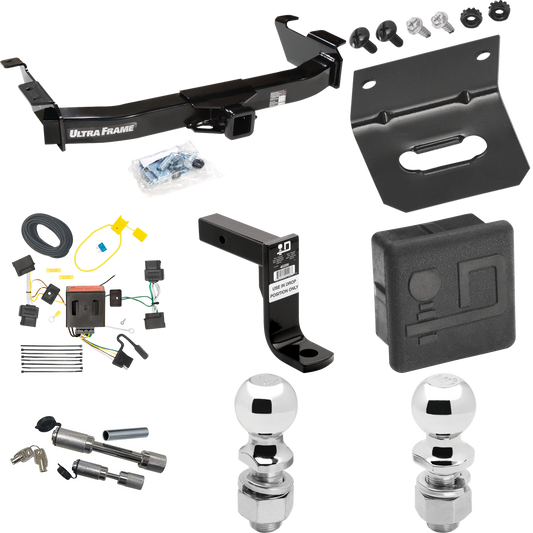 Fits 2009-2012 Ford E-150 Econoline Trailer Hitch Tow PKG w/ 4-Flat Wiring Harness + Ball Mount w/ 8" Drop + Dual Hitch & Coupler Locks + 2" Ball + 2-5/16" Ball + Hitch Cover + Wiring Bracket (For (Prepped Class II Tow Package) Models) By Draw-Tite