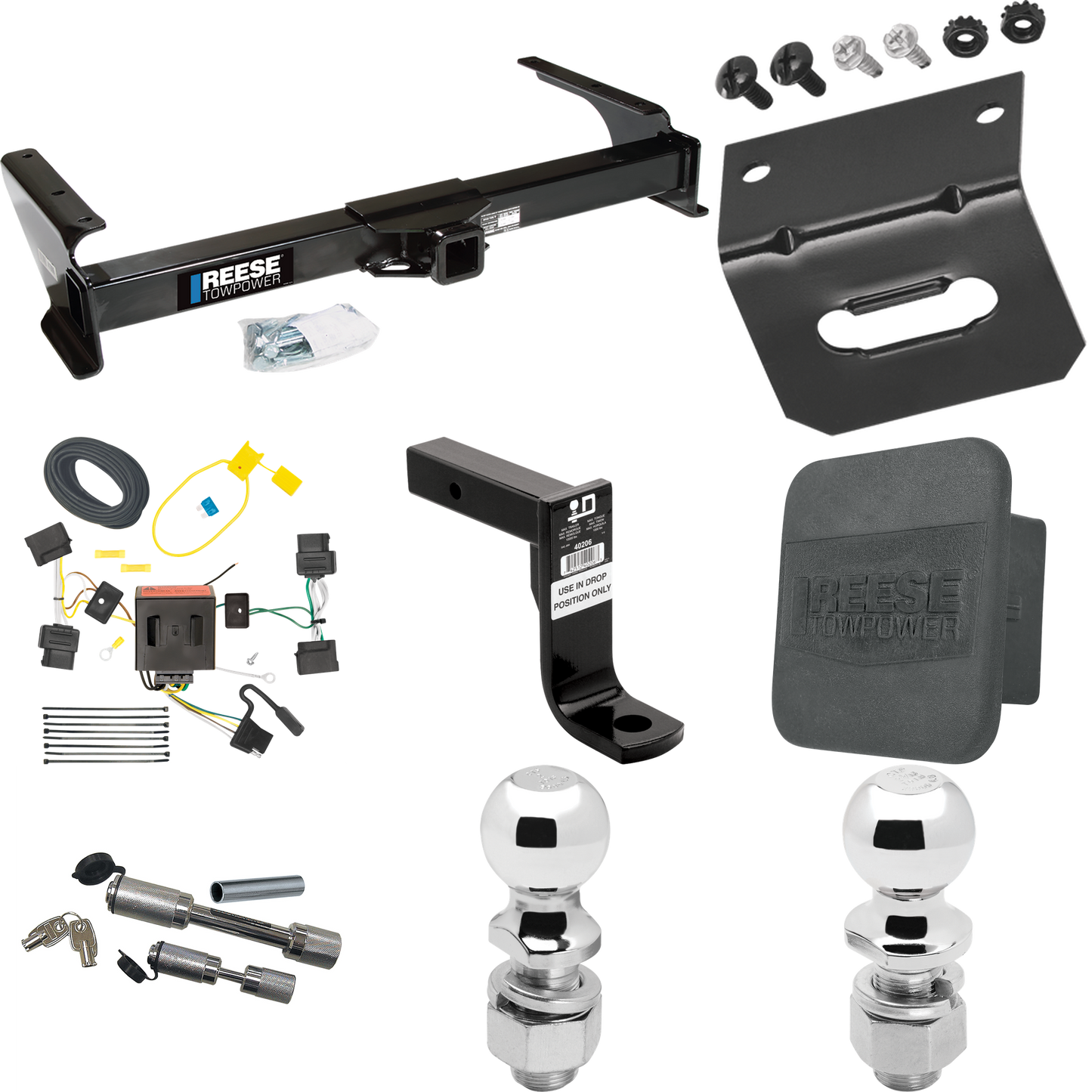 Fits 2009-2012 Ford E-150 Econoline Trailer Hitch Tow PKG w/ 4-Flat Wiring Harness + Ball Mount w/ 8" Drop + Dual Hitch & Coupler Locks + 2" Ball + 2-5/16" Ball + Hitch Cover + Wiring Bracket (For (Prepped Class II Tow Package) Models) By Reese Towpo