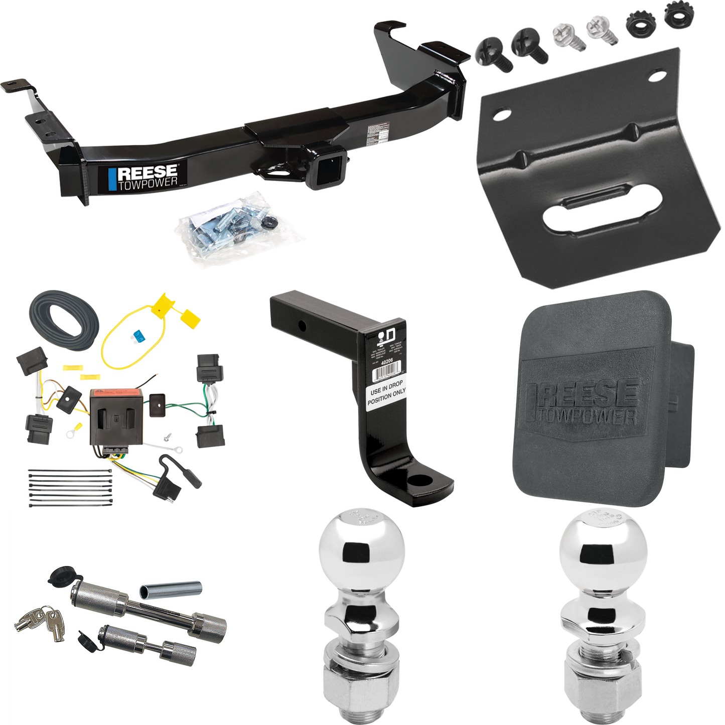 Fits 2008-2014 Ford E-250 Econoline Trailer Hitch Tow PKG w/ 4-Flat Wiring Harness + Ball Mount w/ 8" Drop + Dual Hitch & Coupler Locks + 2" Ball + 2-5/16" Ball + Hitch Cover + Wiring Bracket By Reese Towpower