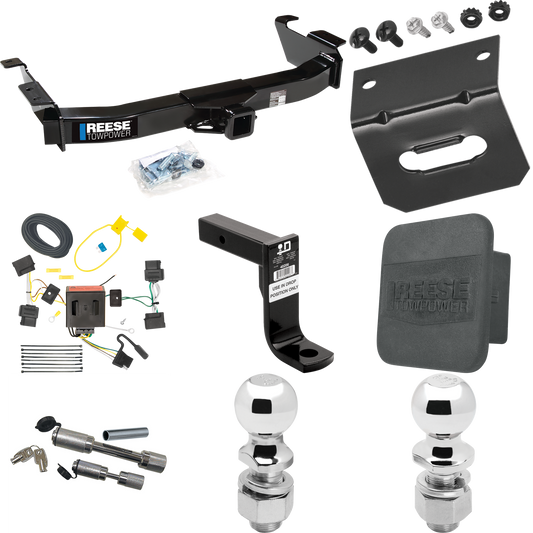 Fits 2008-2014 Ford E-250 Econoline Trailer Hitch Tow PKG w/ 4-Flat Wiring Harness + Ball Mount w/ 8" Drop + Dual Hitch & Coupler Locks + 2" Ball + 2-5/16" Ball + Hitch Cover + Wiring Bracket By Reese Towpower