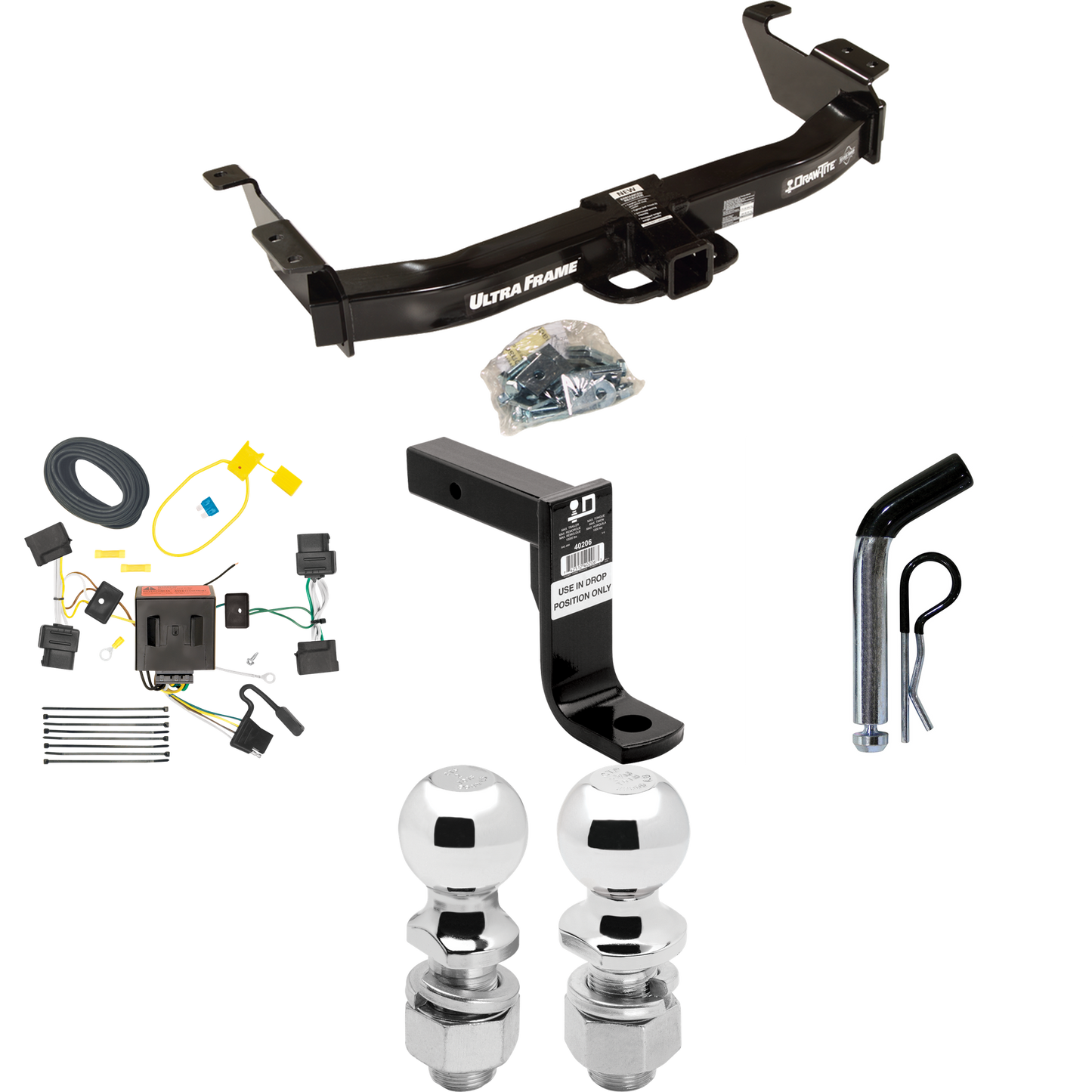 Fits 2008-2014 Ford E-350 Econoline Super Duty Trailer Hitch Tow PKG w/ 4-Flat Wiring Harness + Ball Mount w/ 8" Drop + Pin/Clip + 2" Ball + 2-5/16" Ball By Draw-Tite