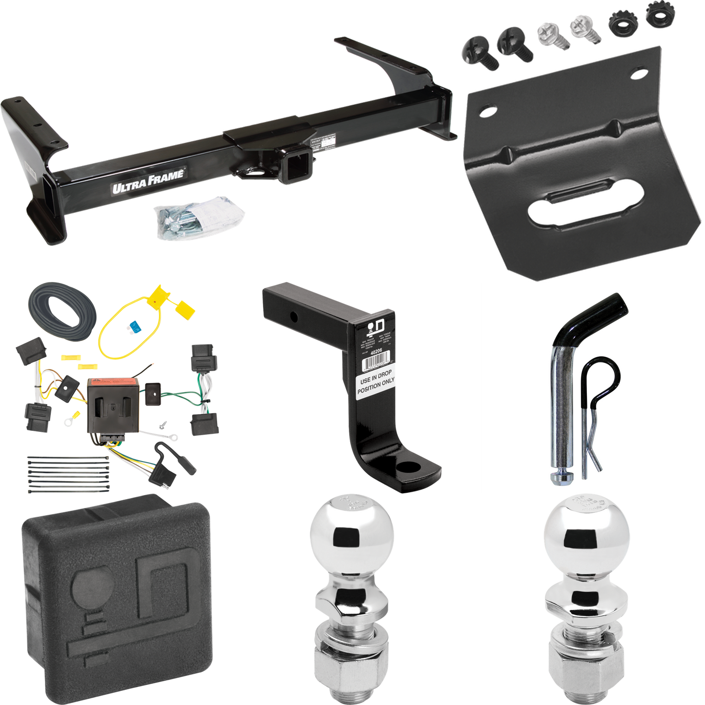 Fits 2009-2012 Ford E-350 Econoline Super Duty Trailer Hitch Tow PKG w/ 4-Flat Wiring Harness + Ball Mount w/ 8" Drop + Pin/Clip + 2" Ball + 2-5/16" Ball + Hitch Cover + Wiring Bracket (For (Prepped Class II Tow Package) Models) By Draw-Tite