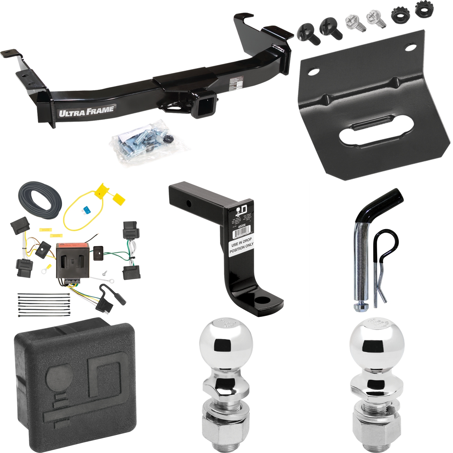 Fits 2009-2012 Ford E-250 Econoline Trailer Hitch Tow PKG w/ 4-Flat Wiring Harness + Ball Mount w/ 8" Drop + Pin/Clip + 2" Ball + 2-5/16" Ball + Hitch Cover + Wiring Bracket (For (Prepped Class II Tow Package) Models) By Draw-Tite