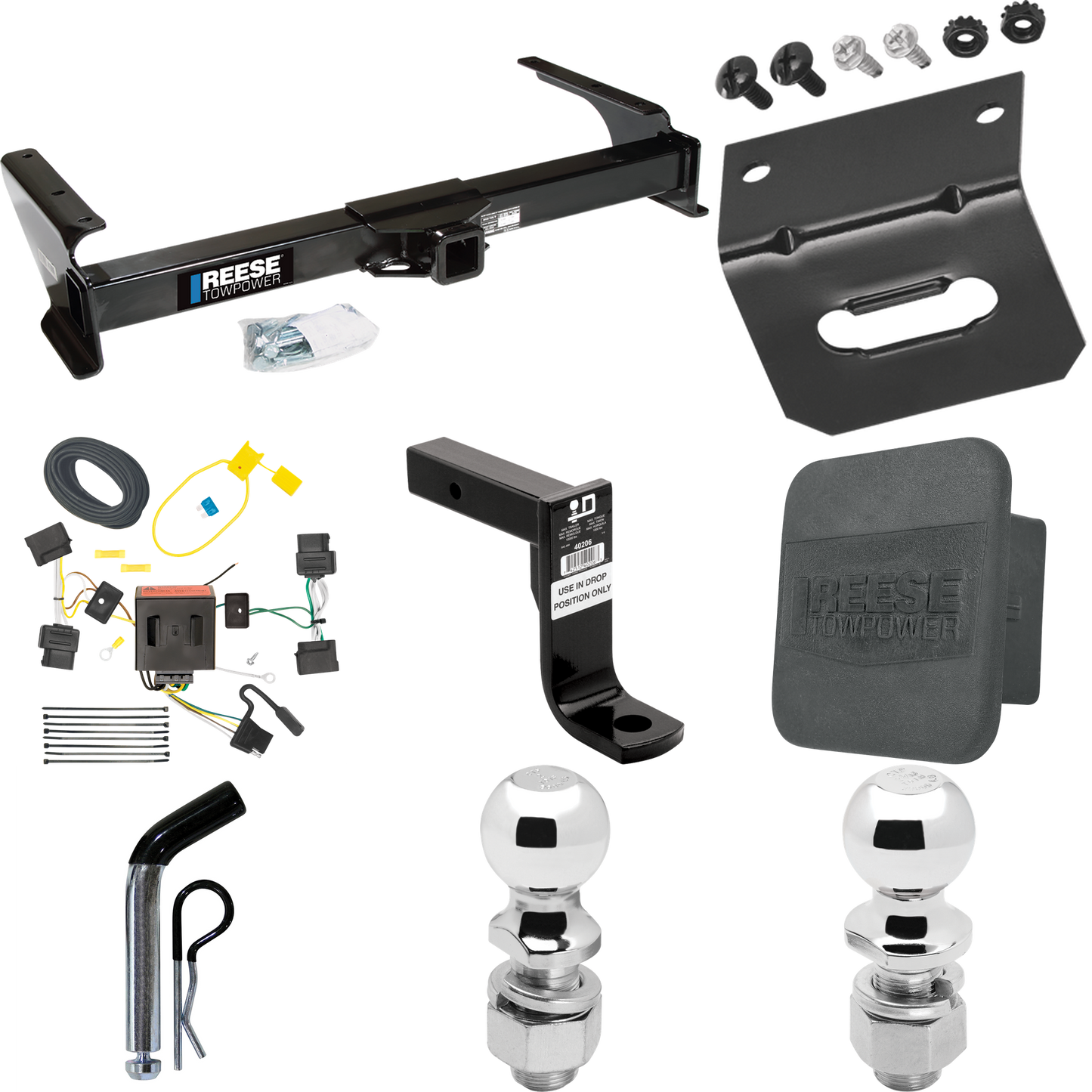 Fits 2009-2012 Ford E-250 Econoline Trailer Hitch Tow PKG w/ 4-Flat Wiring Harness + Ball Mount w/ 8" Drop + Pin/Clip + 2" Ball + 2-5/16" Ball + Hitch Cover + Wiring Bracket (For (Prepped Class II Tow Package) Models) By Reese Towpower