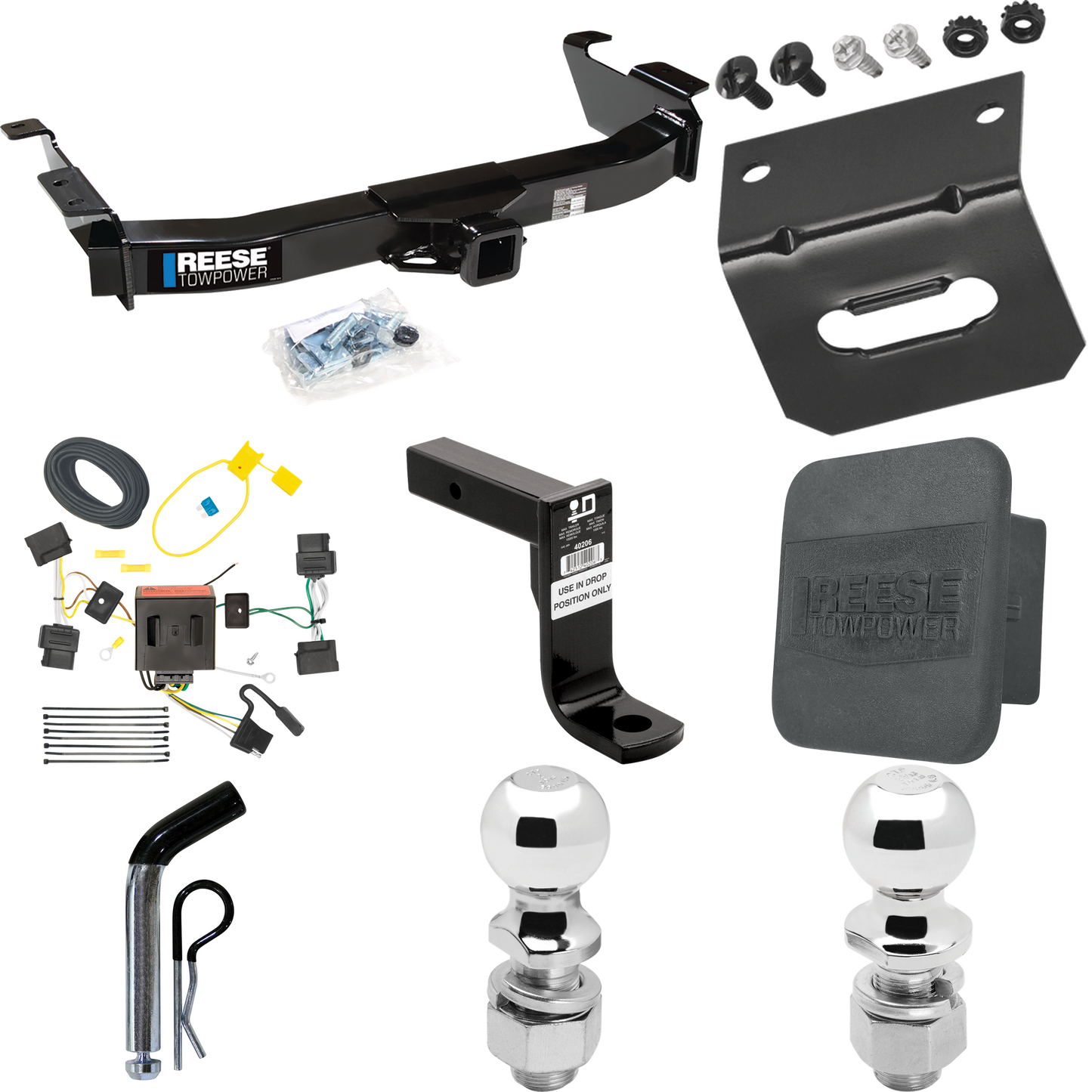 Fits 2009-2012 Ford E-150 Econoline Trailer Hitch Tow PKG w/ 4-Flat Wiring Harness + Ball Mount w/ 8" Drop + Pin/Clip + 2" Ball + 2-5/16" Ball + Hitch Cover + Wiring Bracket (For (Prepped Class II Tow Package) Models) By Reese Towpower