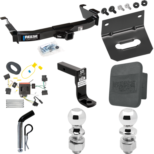 Fits 2009-2012 Ford E-150 Econoline Trailer Hitch Tow PKG w/ 4-Flat Wiring Harness + Ball Mount w/ 8" Drop + Pin/Clip + 2" Ball + 2-5/16" Ball + Hitch Cover + Wiring Bracket (For (Prepped Class II Tow Package) Models) By Reese Towpower