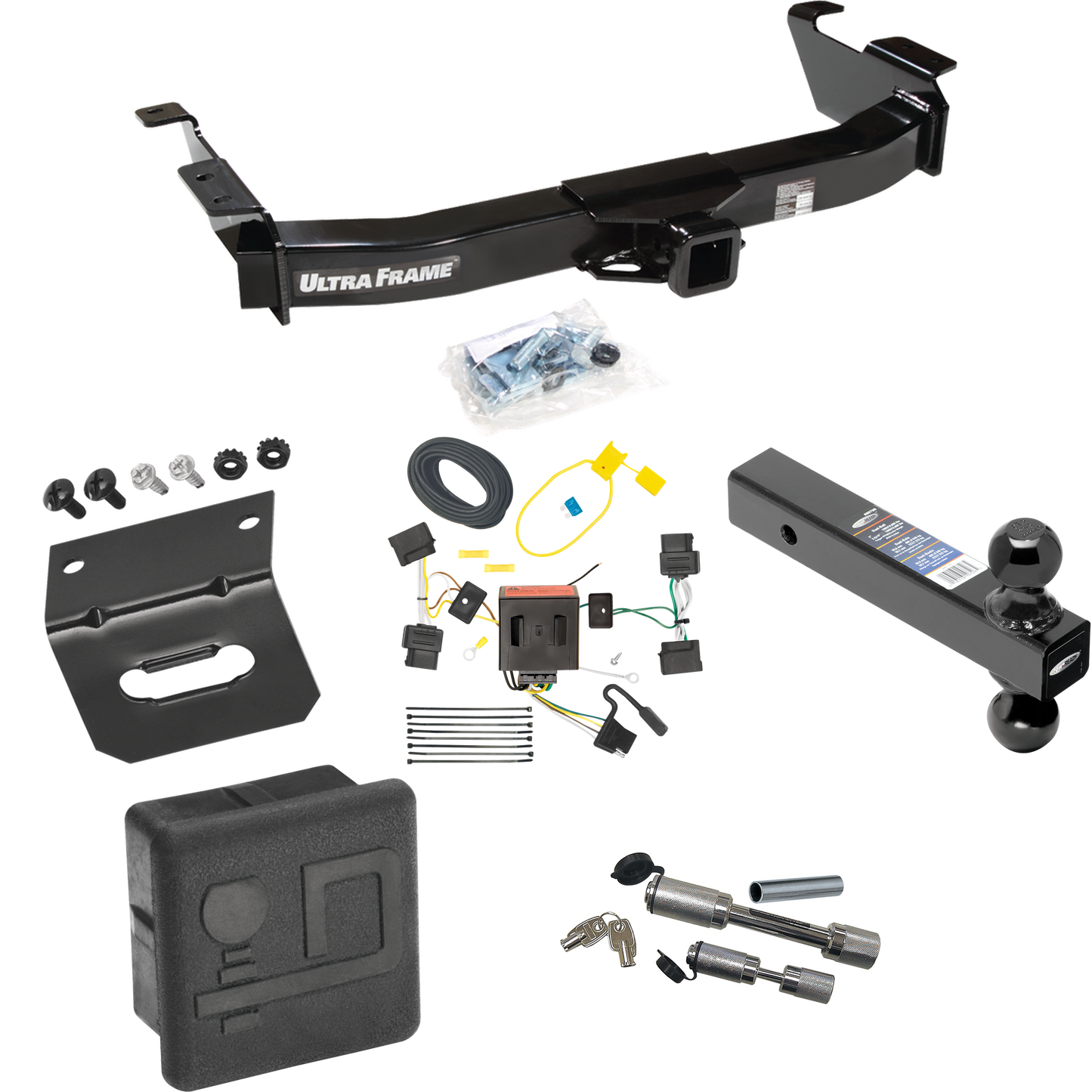 Fits 2009-2012 Ford E-150 Econoline Trailer Hitch Tow PKG w/ 4-Flat Wiring Harness + Dual Ball Ball Mount 2" & 2-5/16" Trailer Balls + Dual Hitch & Coupler Locks + Hitch Cover + Wiring Bracket (For (Prepped Class II Tow Package) Models) By Draw-Tite