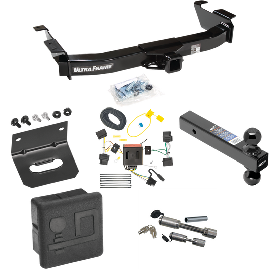 Fits 2009-2012 Ford E-150 Econoline Trailer Hitch Tow PKG w/ 4-Flat Wiring Harness + Dual Ball Ball Mount 2" & 2-5/16" Trailer Balls + Dual Hitch & Coupler Locks + Hitch Cover + Wiring Bracket (For (Prepped Class II Tow Package) Models) By Draw-Tite