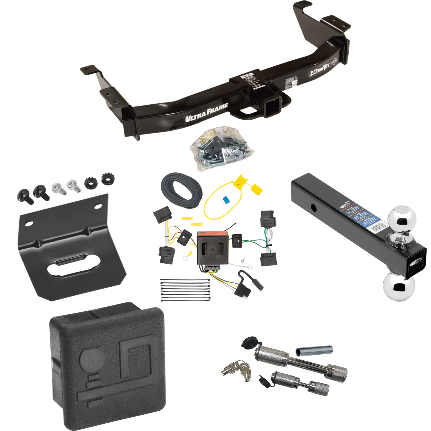 Fits 2008-2014 Ford E-250 Econoline Trailer Hitch Tow PKG w/ 4-Flat Wiring Harness + Dual Ball Ball Mount 2" & 2-5/16" Trailer Balls + Dual Hitch & Coupler Locks + Hitch Cover + Wiring Bracket By Draw-Tite