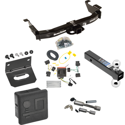 Fits 2008-2014 Ford E-250 Econoline Trailer Hitch Tow PKG w/ 4-Flat Wiring Harness + Dual Ball Ball Mount 2" & 2-5/16" Trailer Balls + Dual Hitch & Coupler Locks + Hitch Cover + Wiring Bracket By Draw-Tite