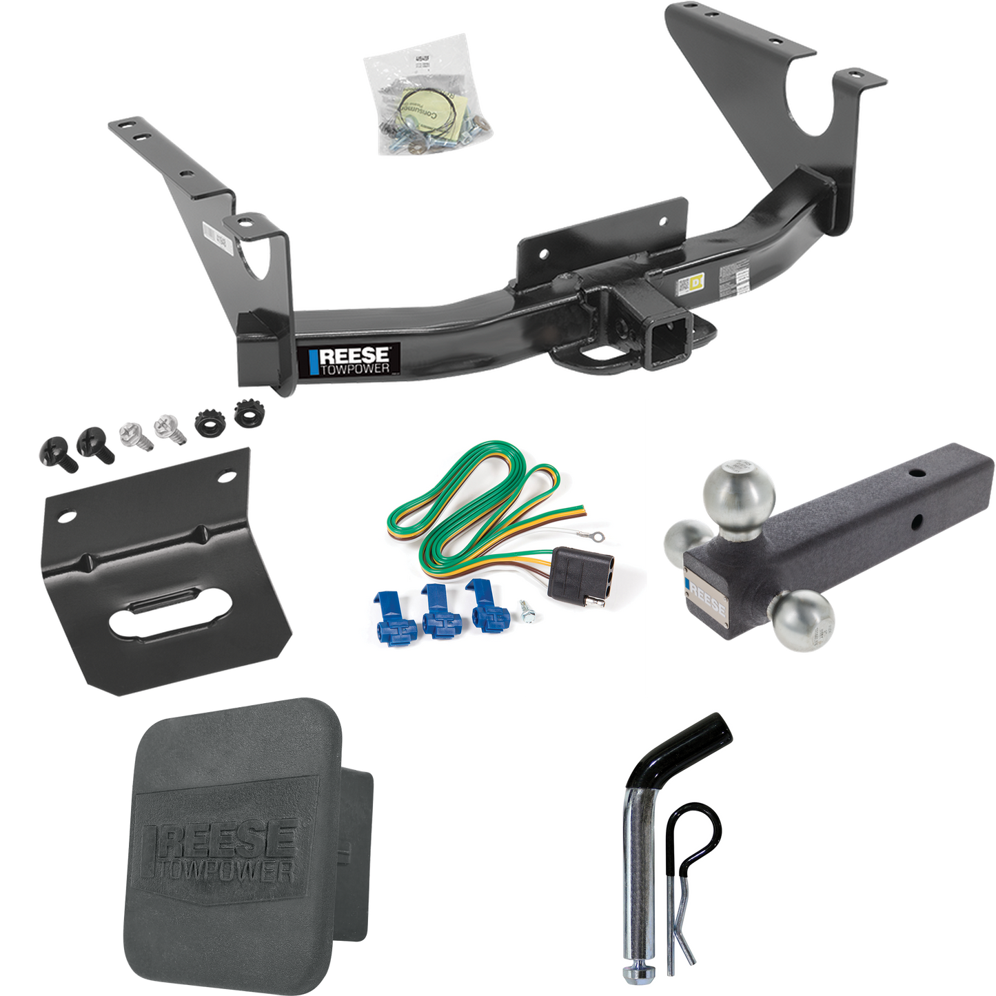 Fits 2011-2018 RAM 1500 Trailer Hitch Tow PKG w/ 4-Flat Wiring Harness + Triple Ball Ball Mount 1-7/8" & 2" & 2-5/16" Trailer Balls + Pin/Clip + Hitch Cover + Wiring Bracket By Reese Towpower