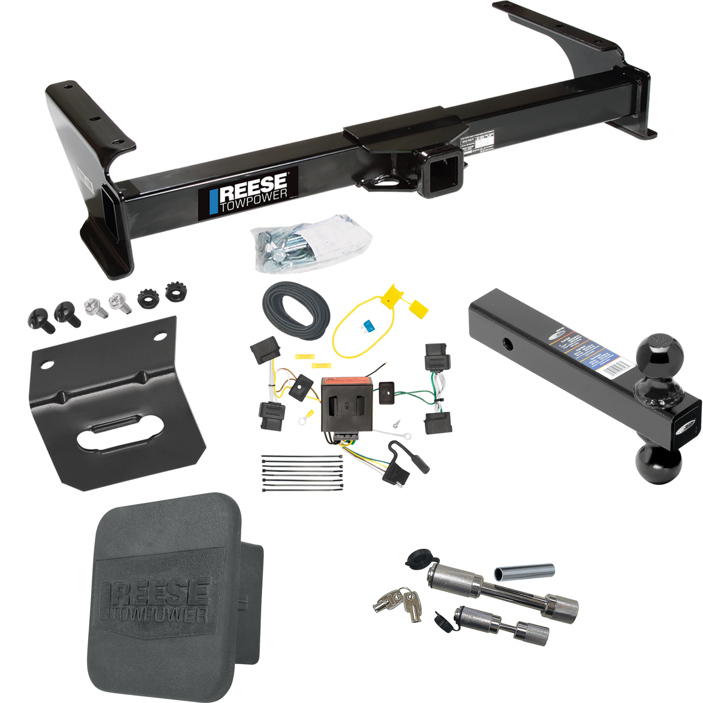 Fits 2008-2014 Ford E-150 Econoline Trailer Hitch Tow PKG w/ 4-Flat Wiring Harness + Dual Ball Ball Mount 2" & 2-5/16" Trailer Balls + Dual Hitch & Coupler Locks + Hitch Cover + Wiring Bracket By Reese Towpower