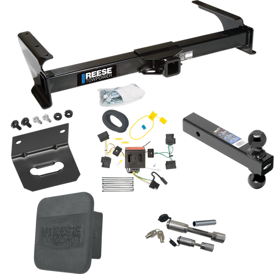 Fits 2008-2014 Ford E-150 Econoline Trailer Hitch Tow PKG w/ 4-Flat Wiring Harness + Dual Ball Ball Mount 2" & 2-5/16" Trailer Balls + Dual Hitch & Coupler Locks + Hitch Cover + Wiring Bracket By Reese Towpower