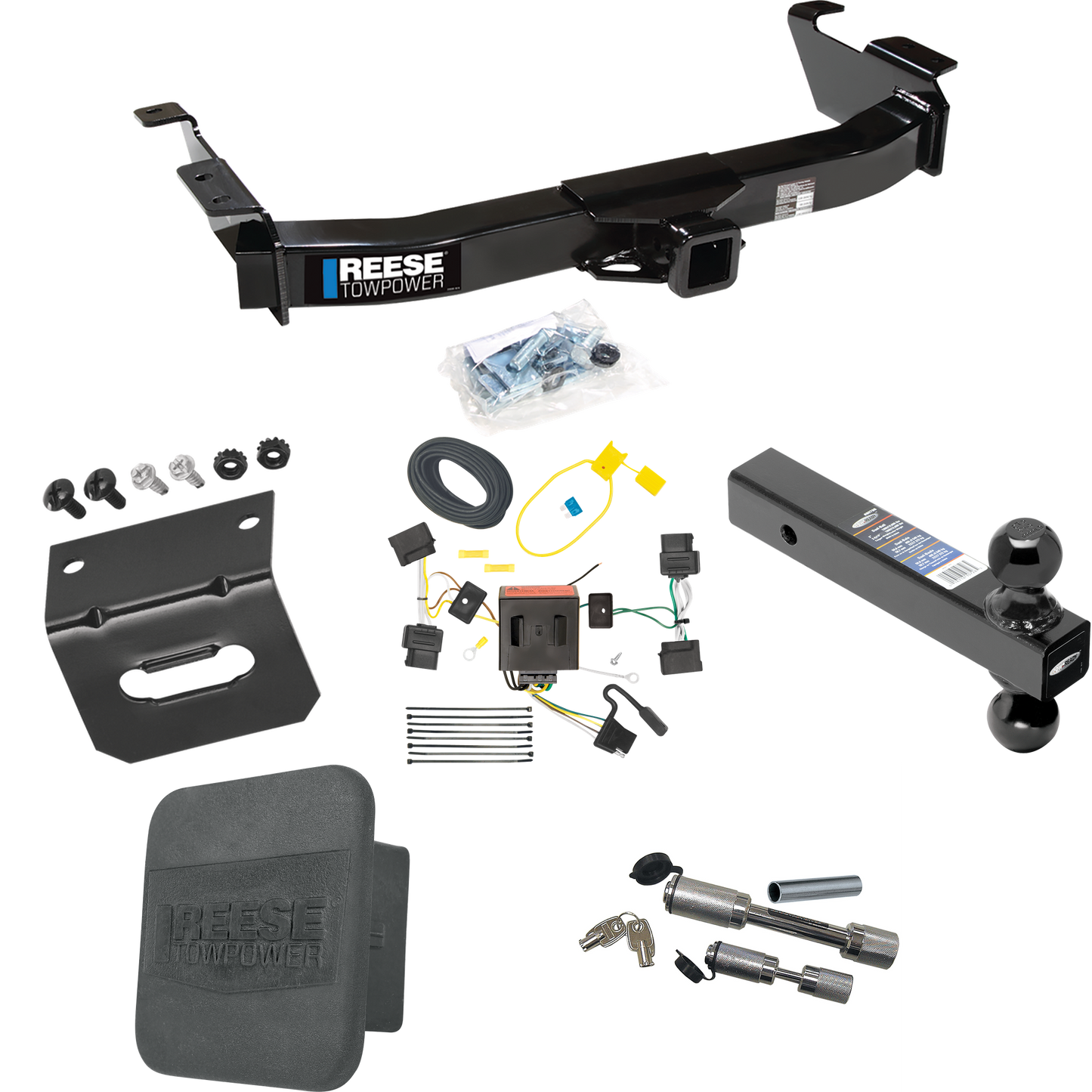 Fits 2009-2012 Ford E-250 Econoline Trailer Hitch Tow PKG w/ 4-Flat Wiring Harness + Dual Ball Ball Mount 2" & 2-5/16" Trailer Balls + Dual Hitch & Coupler Locks + Hitch Cover + Wiring Bracket (For (Prepped Class II Tow Package) Models) By Reese Towp