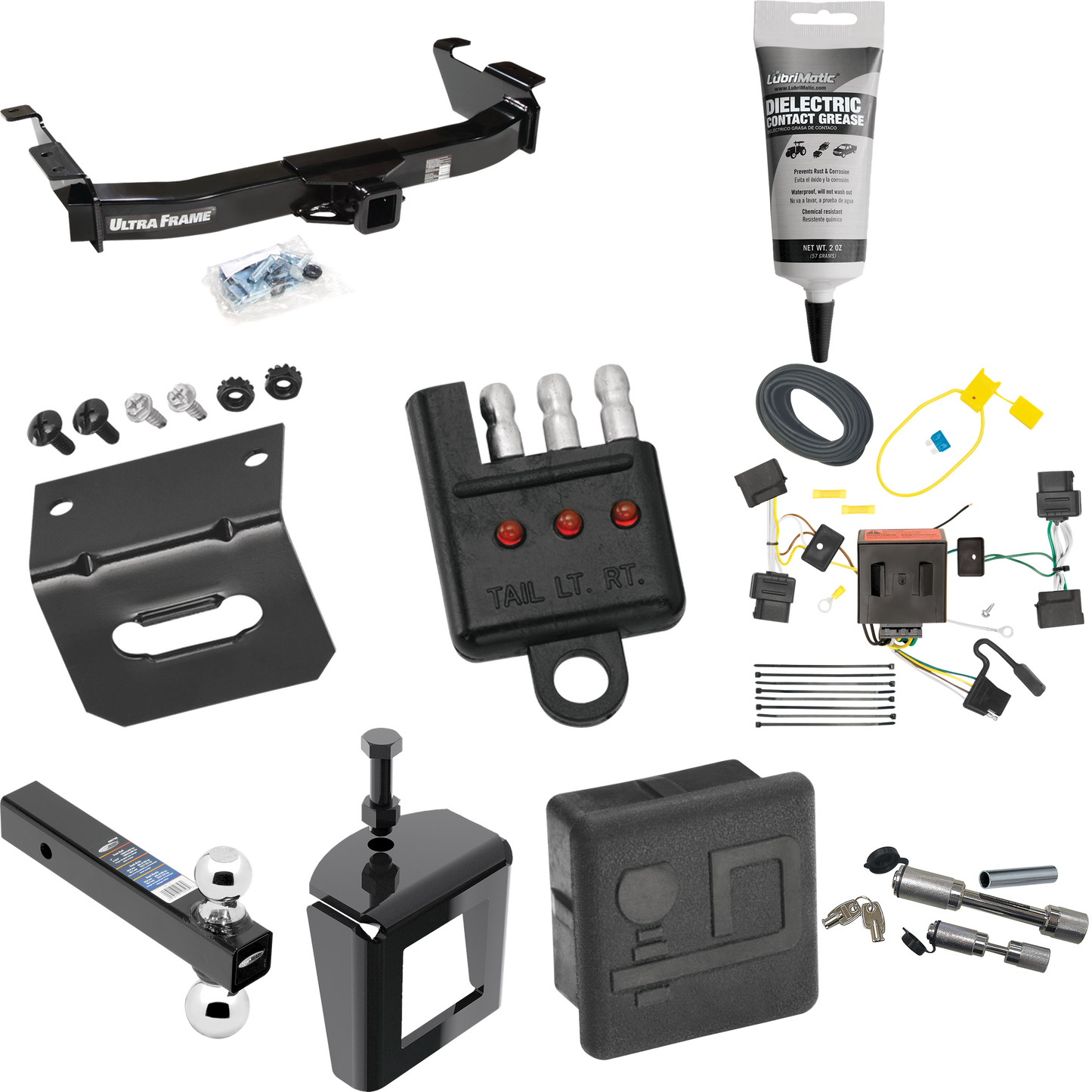 Fits 2009-2012 Ford E-250 Econoline Trailer Hitch Tow PKG w/ 4-Flat Wiring Harness + Dual Ball Ball Mount 2" & 2-5/16" Trailer Balls + Dual Hitch & Coupler Locks + Hitch Cover + Wiring Bracket + Wiring Tester + Electric Grease + Anti Rattle Device (F