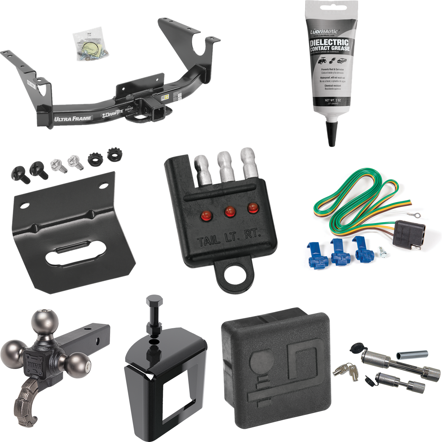 Fits 2011-2018 RAM 1500 Trailer Hitch Tow PKG w/ 4-Flat Wiring Harness + Triple Ball Ball Mount 1-7/8" & 2" & 2-5/16" Trailer Balls w/ Tow Hook + Dual Hitch & Coupler Locks + Hitch Cover + Wiring Bracket + Wiring Tester + Electric Grease + Anti Rattl