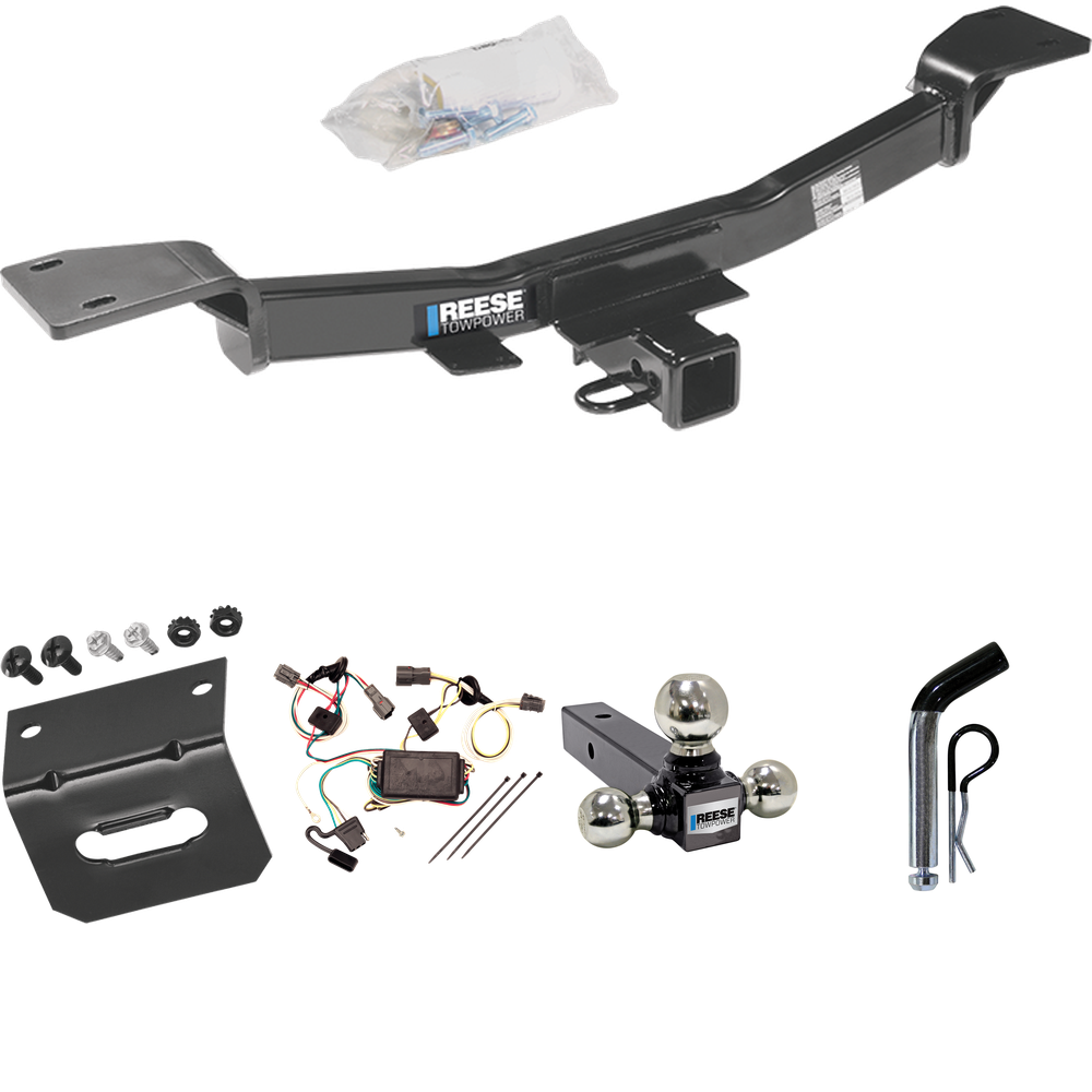 Fits 2005-2009 Hyundai Tucson Trailer Hitch Tow PKG w/ 4-Flat Wiring Harness + Triple Ball Ball Mount 1-7/8" & 2" & 2-5/16" Trailer Balls + Pin/Clip + Wiring Bracket By Reese Towpower